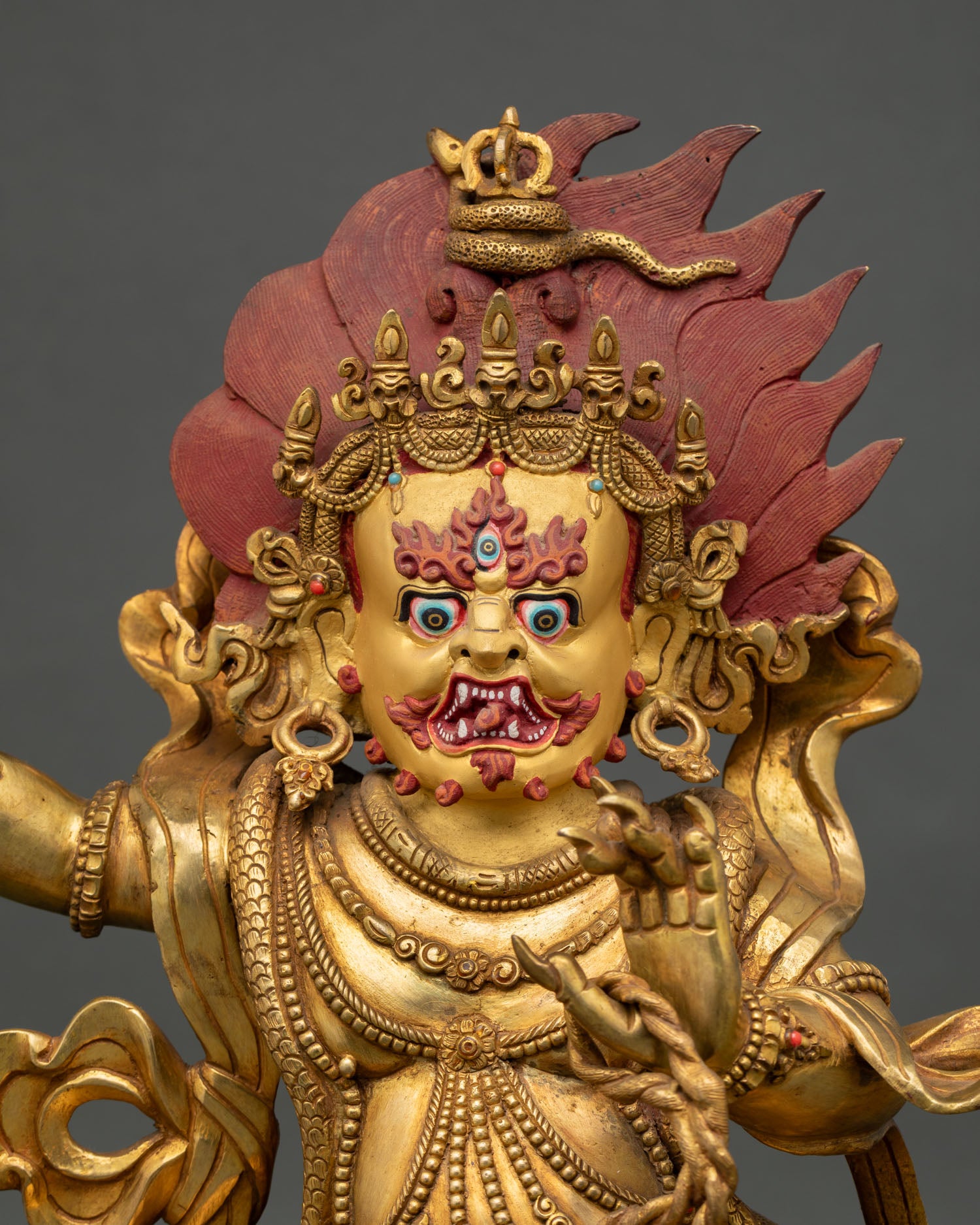 Handmade Vajrapani Statue featuring five skull crown tiger skin garment and nepalese craftsmanship