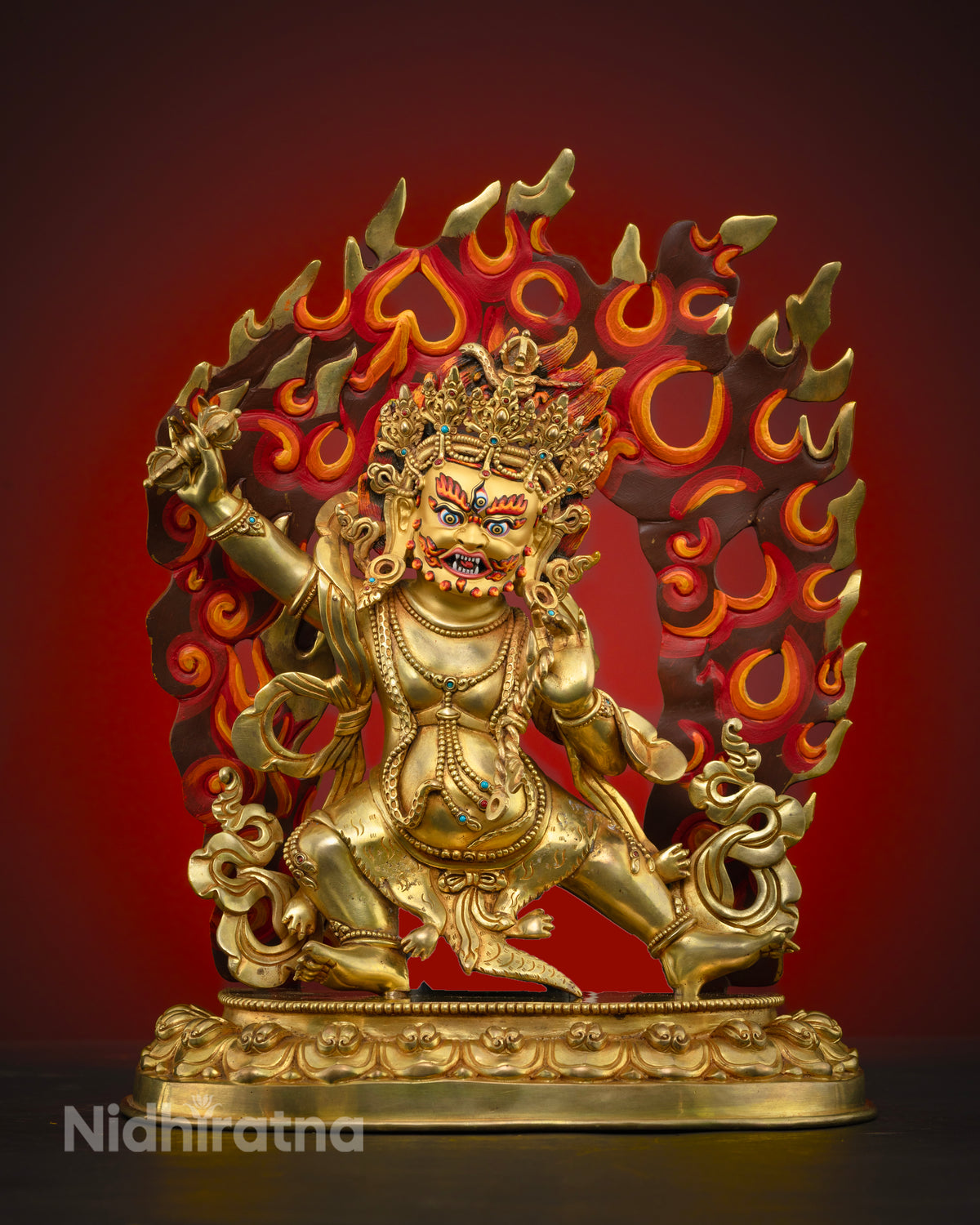 Handmade Vajrapani statue front view, 24K gold-gilded copper Chana Dorje from Nepal with flame halo