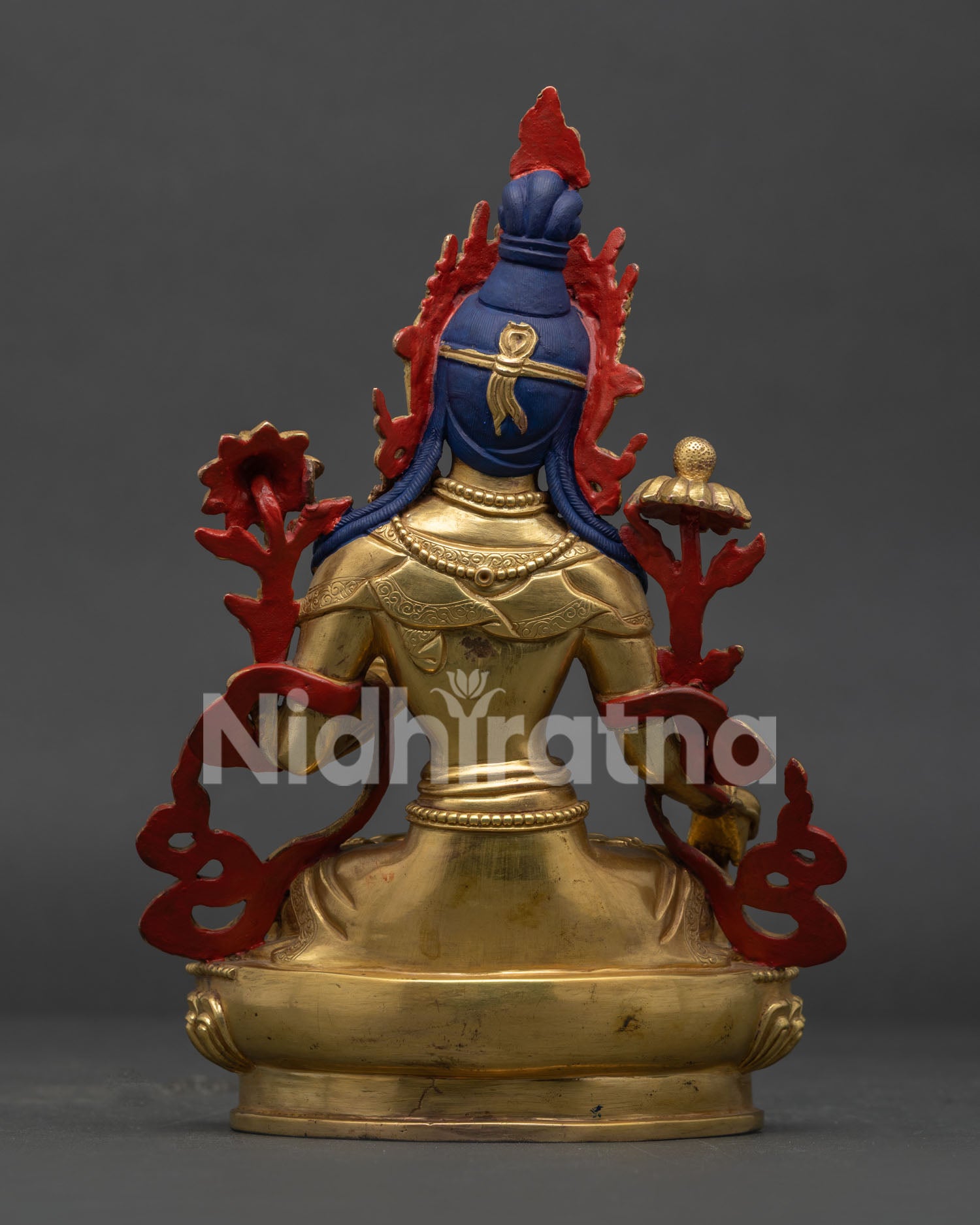Handmade White Tara Statue Back View with Gold Fire-Gilded Copper Body from Nepal.