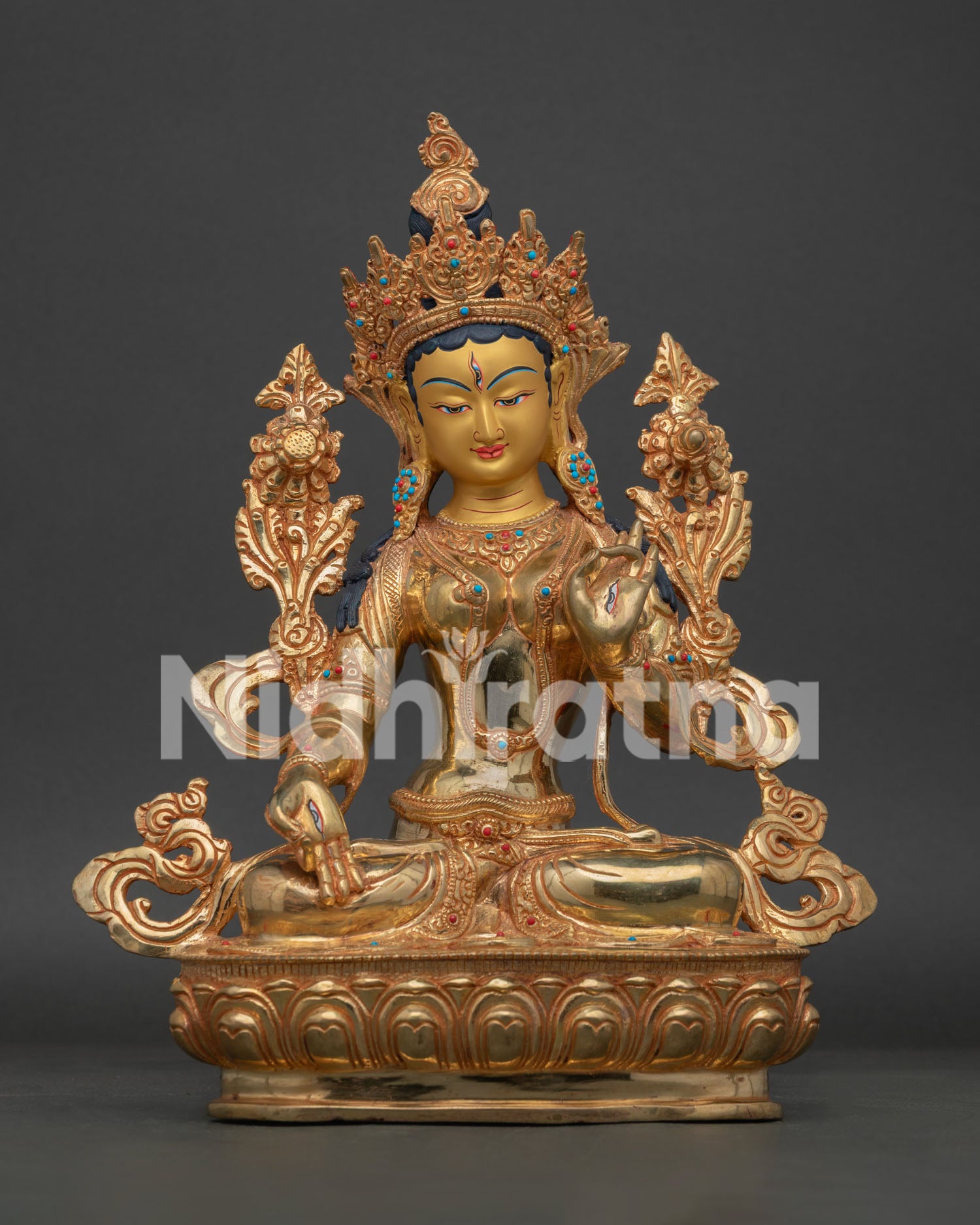 Handmade White Tara Statue from Nepal with 24K gold fire gilding and intricate 3D carvings