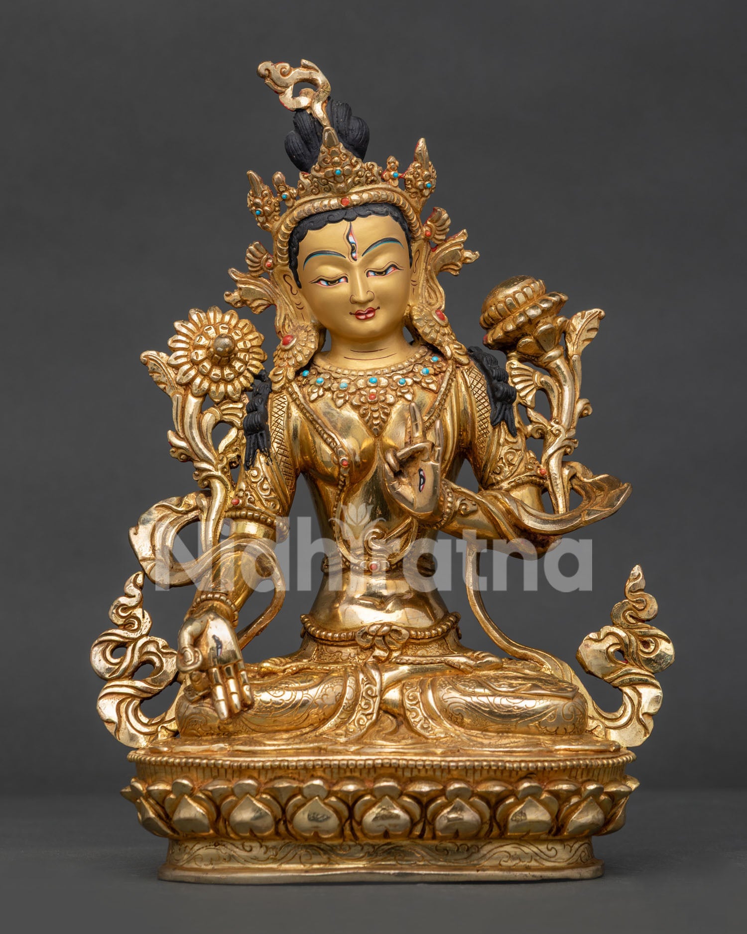Handmade White Tara Statue with 24K Gold Gilding, Seated on Lotus Throne