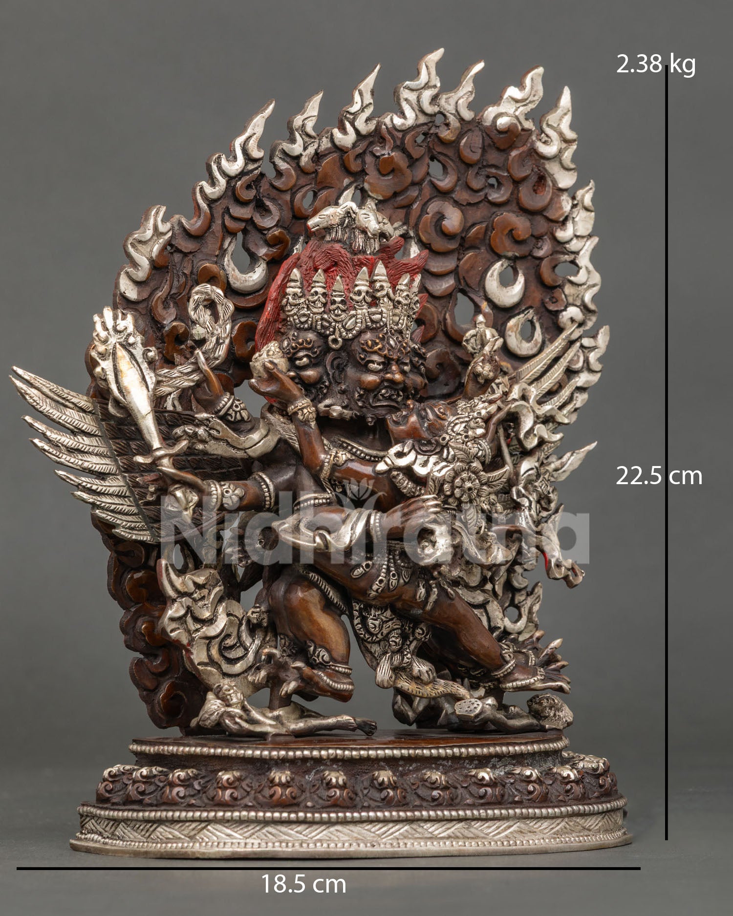 Hayagriva right-side view, sacred implements, carved wings, oxidized copper, Newari sculpture