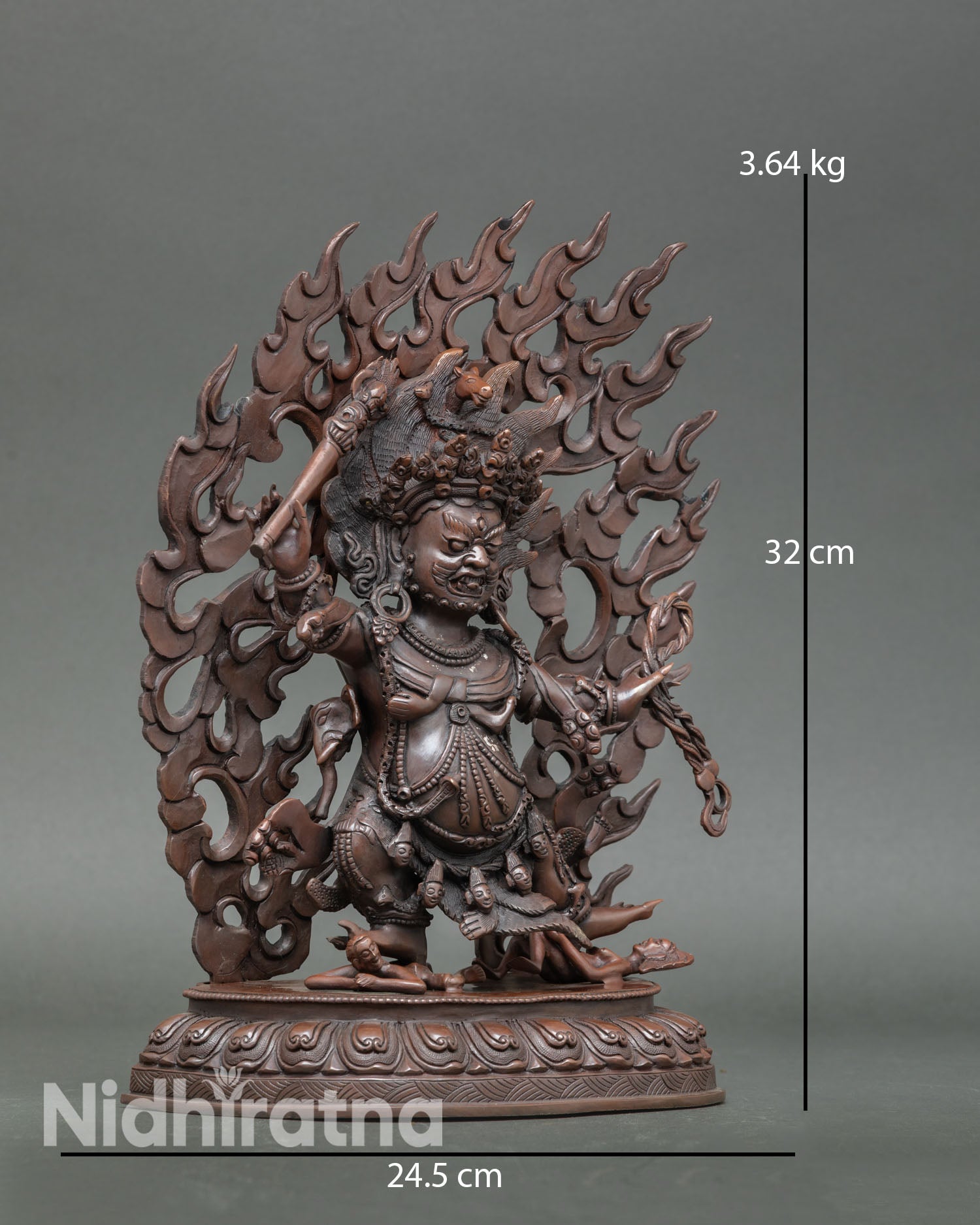 Hayagriva side view dynamic posture wrathful Buddhist deity copper sculpture chemically oxidized finish Nepal art