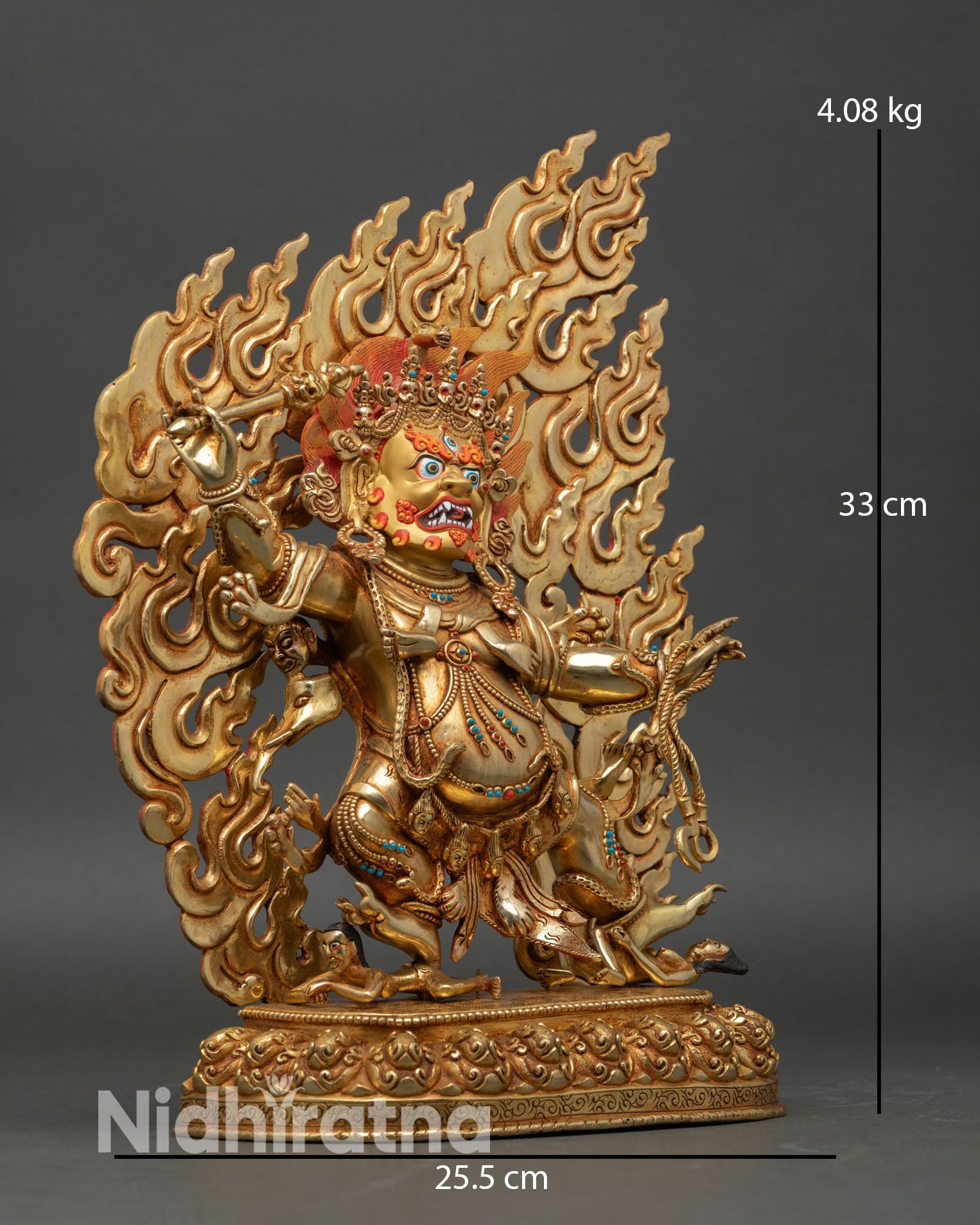 Hayagriva statue side view dynamic posture subduing figures lost wax cast Himalayan Buddhist sculpture meditation decor Nepal