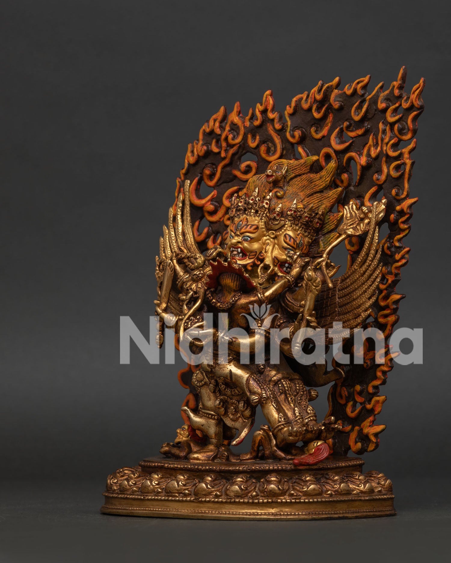 Hayagriva Statue Side View with Multiple Arms Vajra Sword Kapala and Lotus Pedestal.