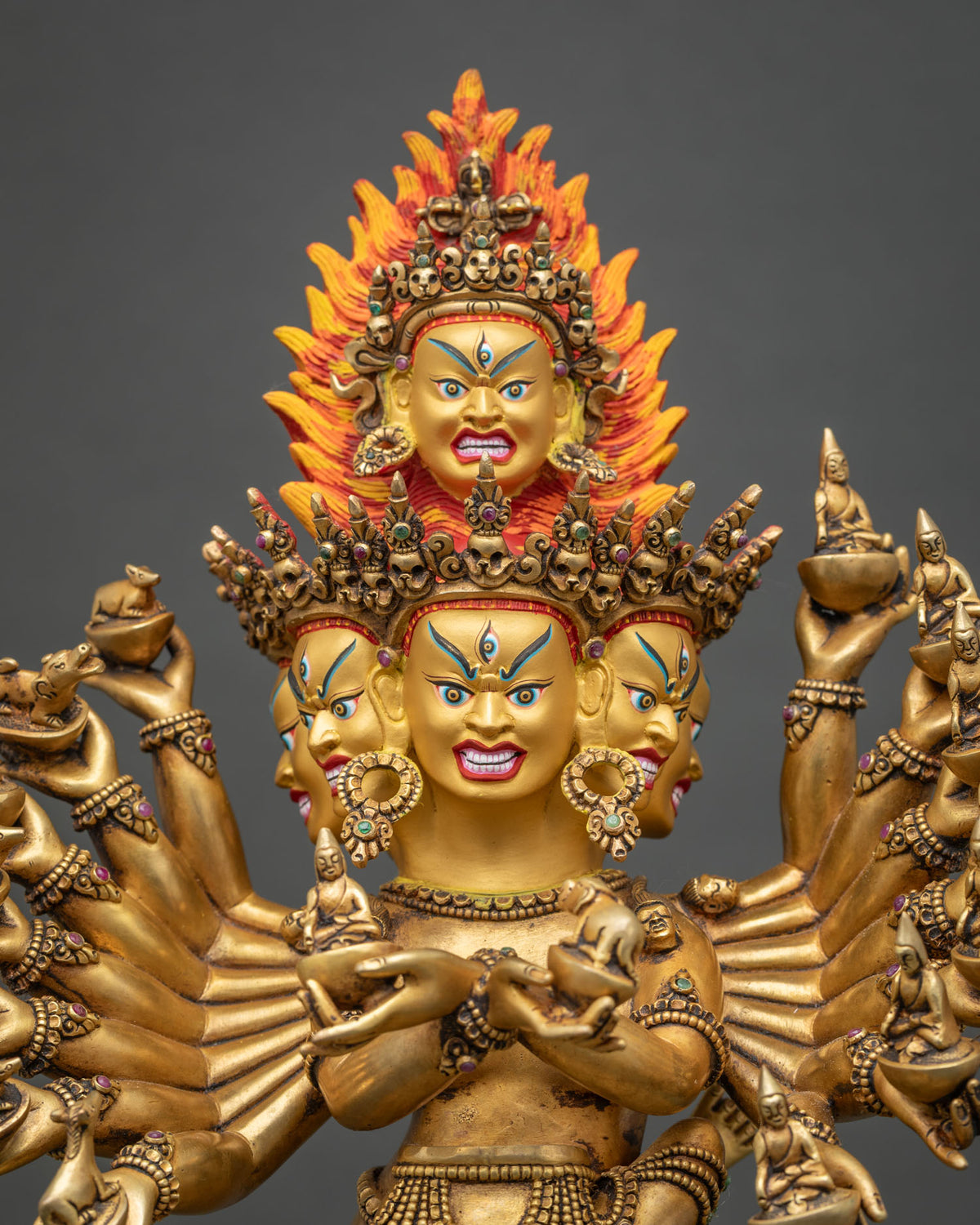 Hevajra Yab-Yum statue upper body with sixteen arms and skull cups, handcrafted in Nepal