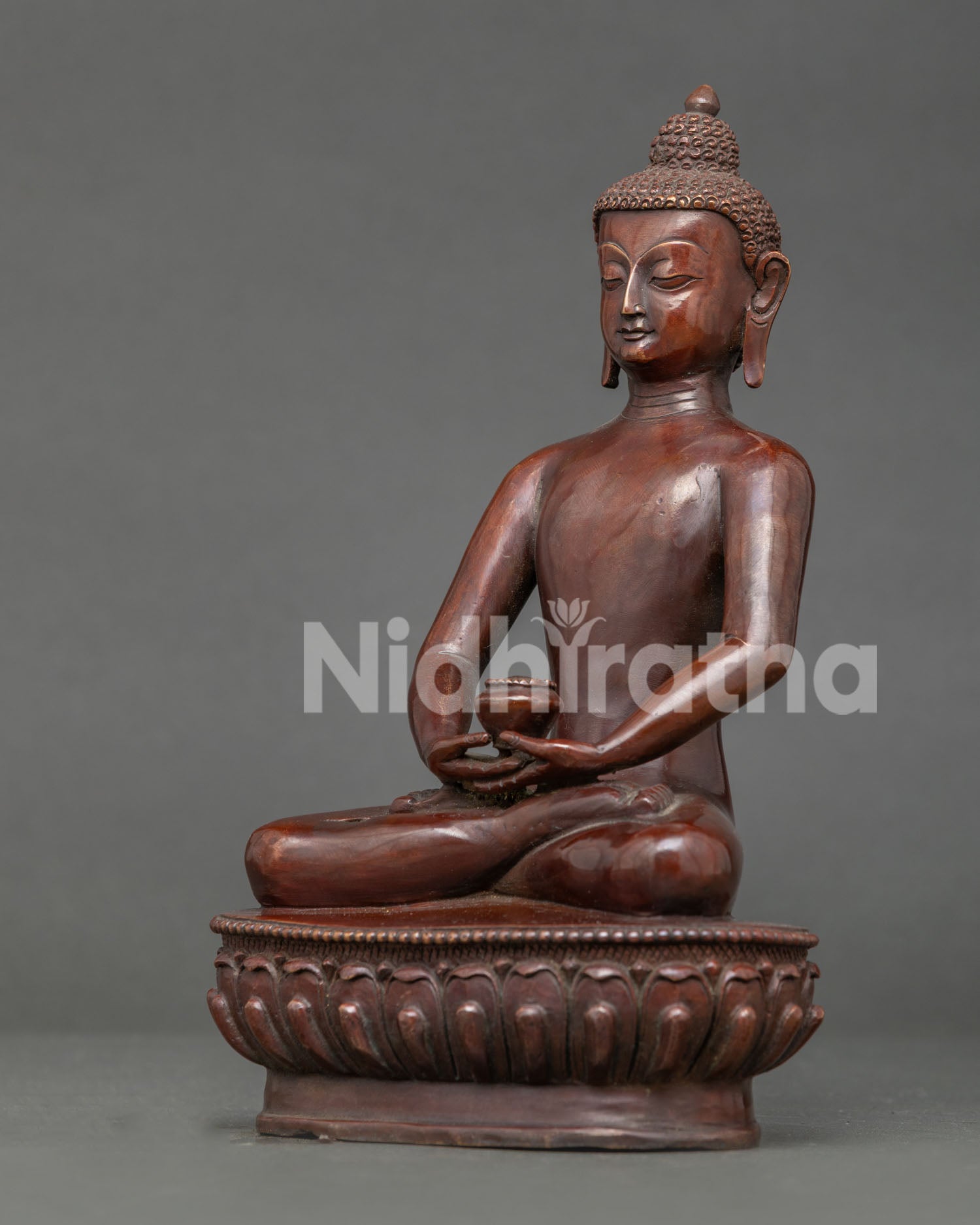 Himalayan Amitabha Buddha Statue on Lotus Throne Oxidized Copper Side View.