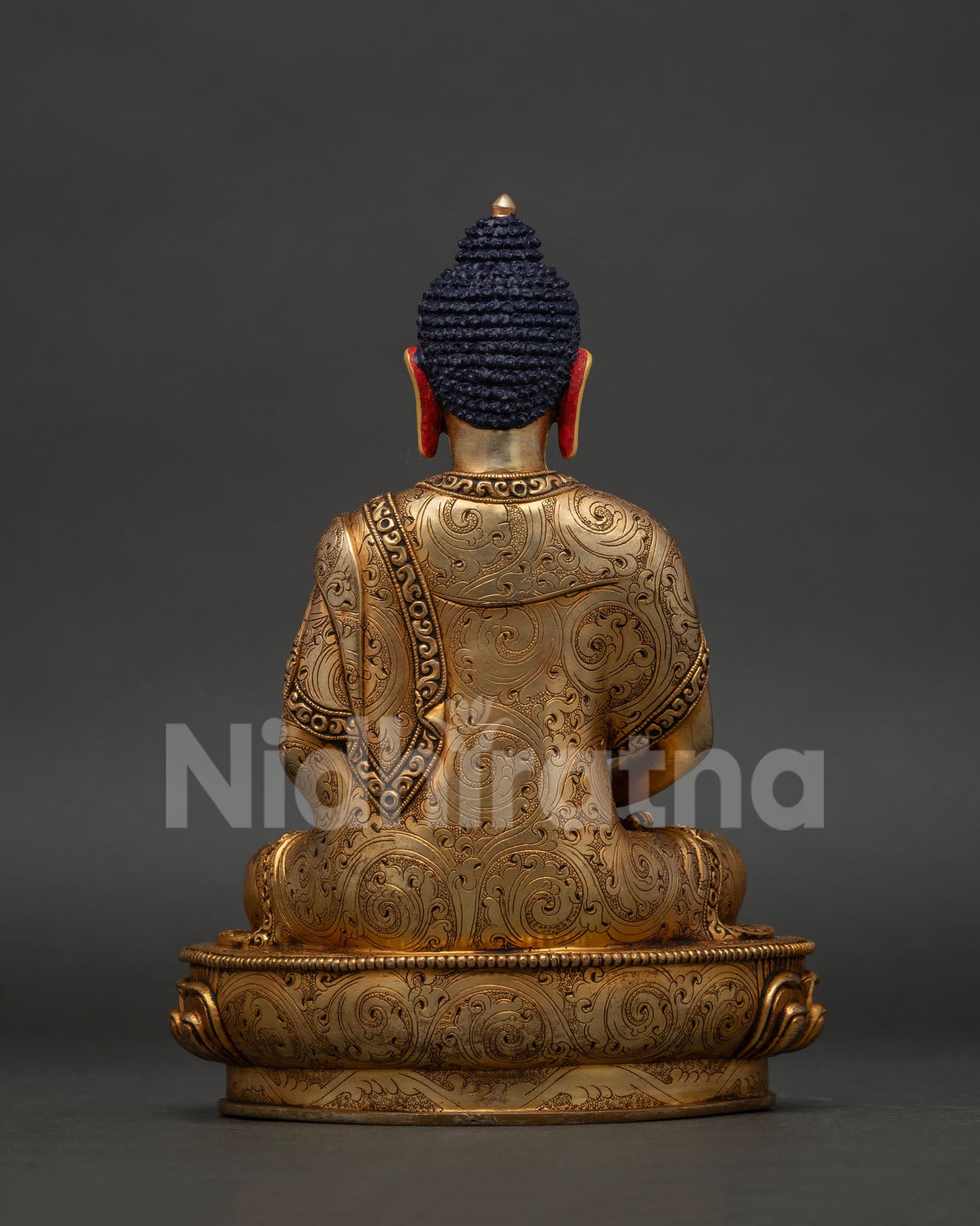 Himalayan Amitabha Buddha statue with sacred alms bowl and gold fire gilded finish.