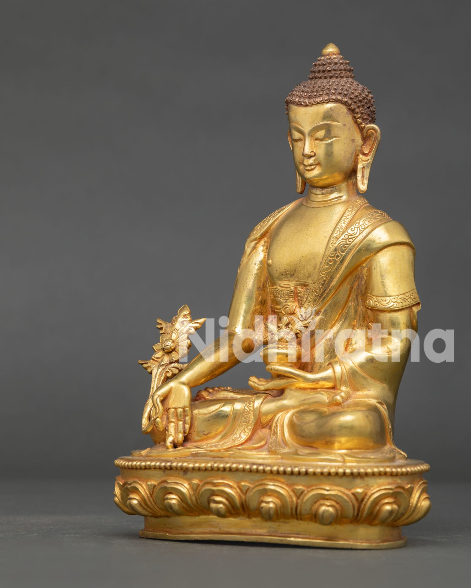 Himalayan Bhaisajyaguru Statue with gold fire gilded copper craftsmanship.