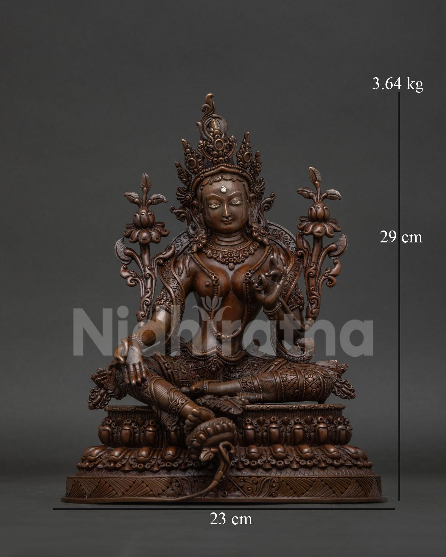 Himalayan Green Tara statue with chemically oxidized copper finish.