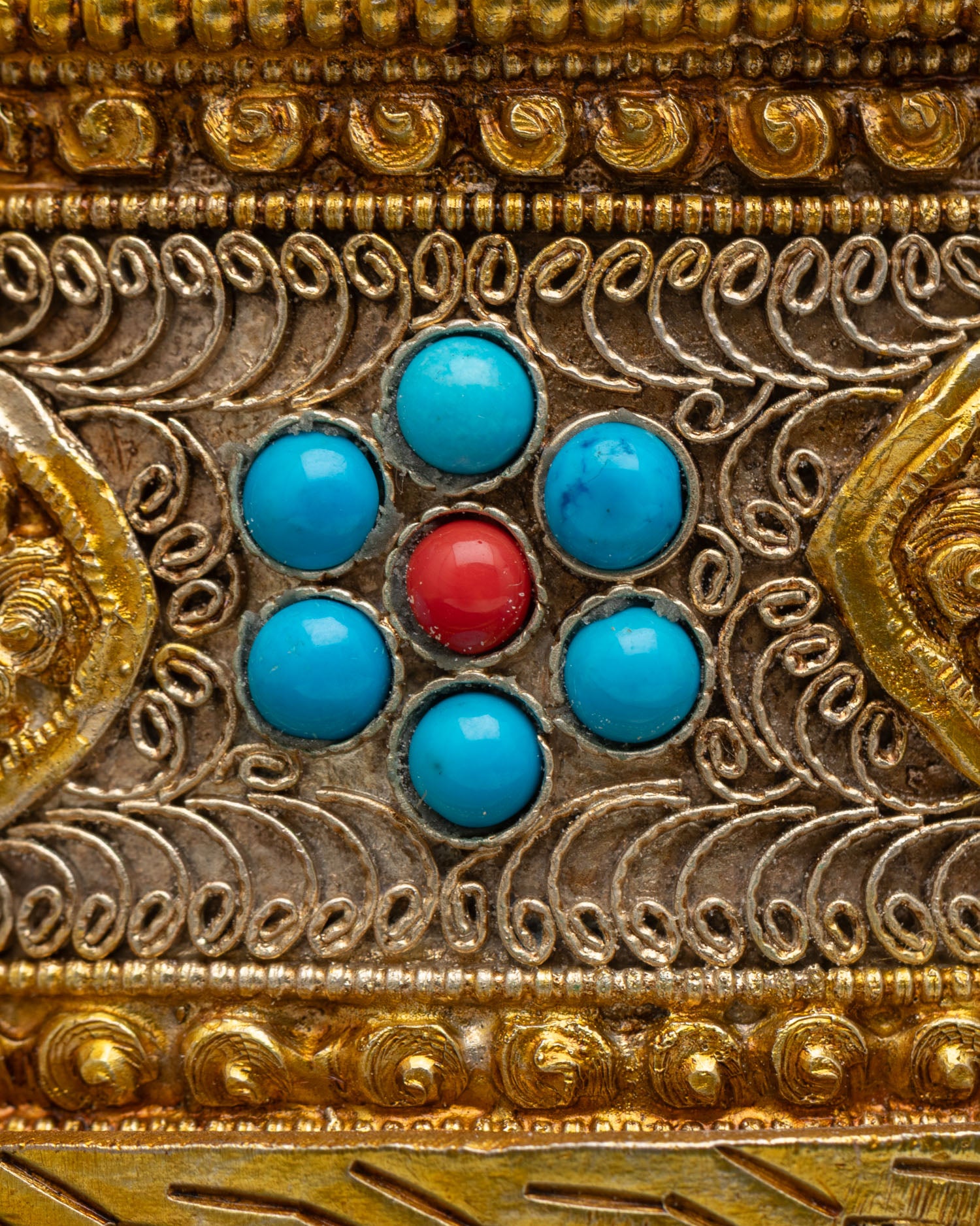 himalayan mandala offering ritual set with semi-precious stone inlay nepal