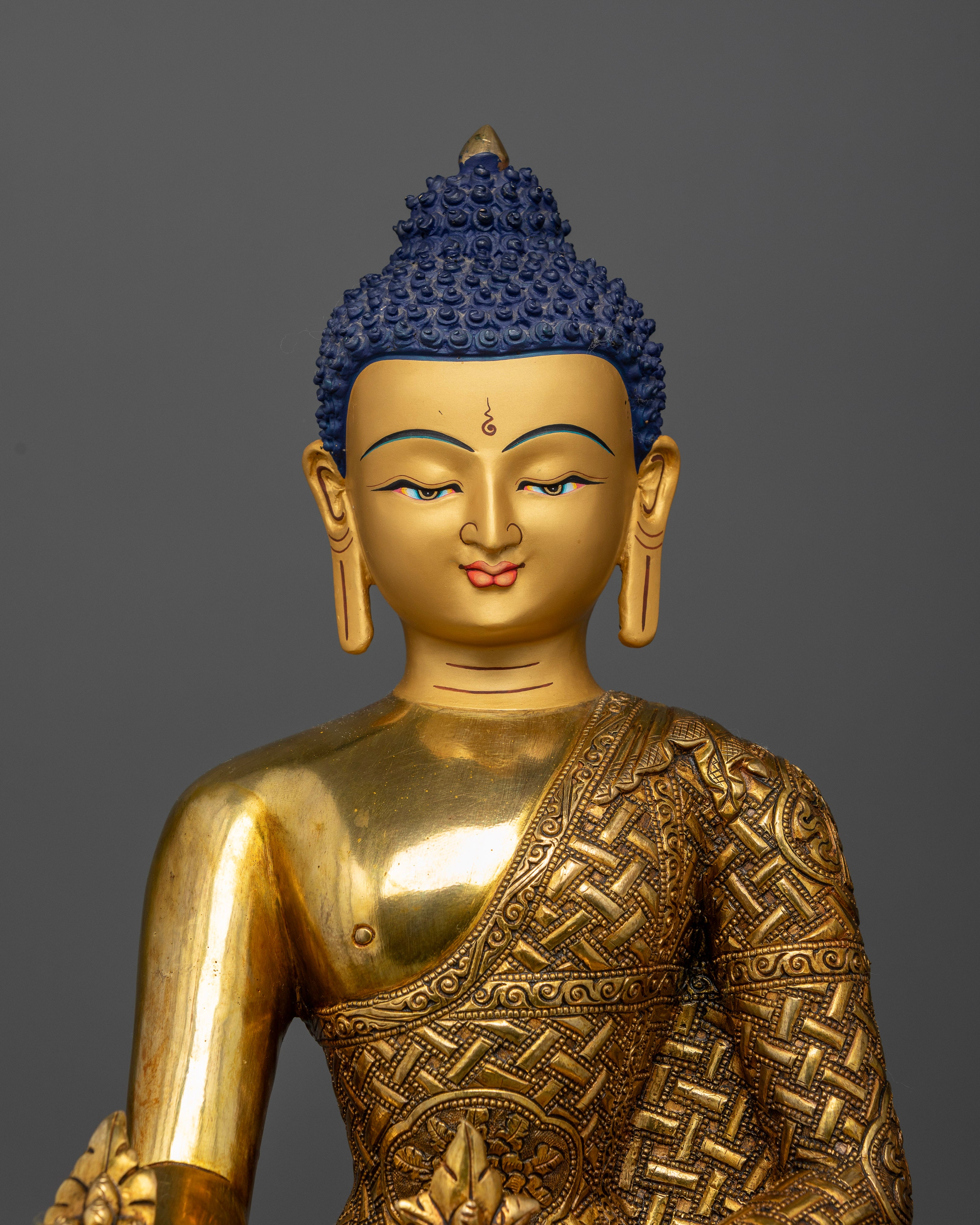 Himalayan Medicine Buddha Sculpture with Gold Painted Face and Intricate Repousse Details