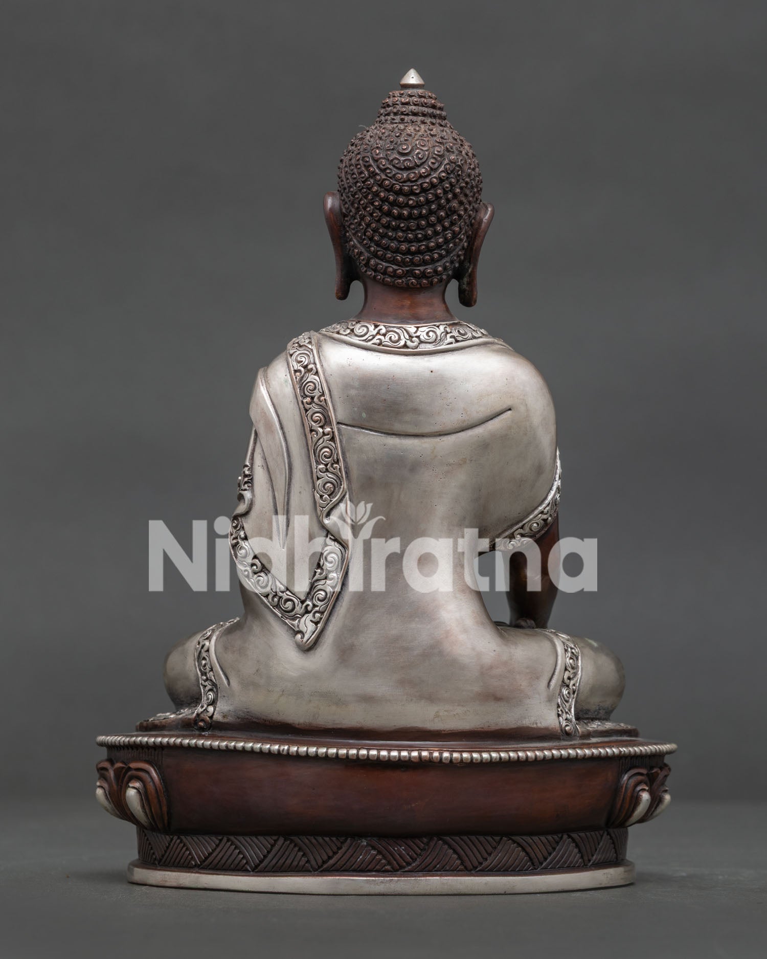 Himalayan Shakyamuni Buddha sculpture with oxidized silver finish Buddhist artwork.