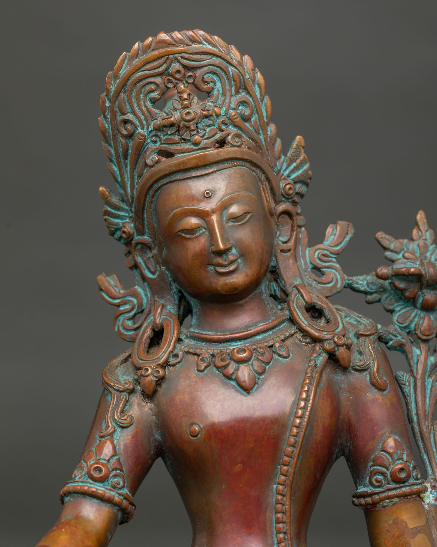 Indra Statue Newari Handcrafted Copper Ornate Crown Close Up.