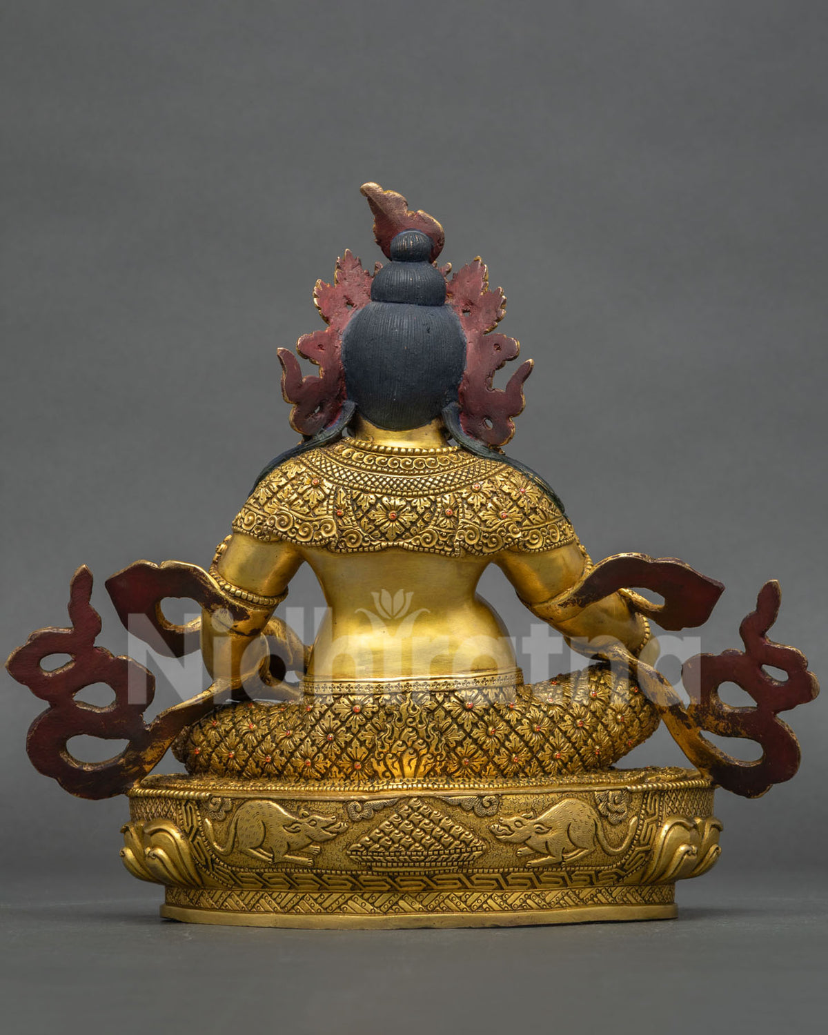 Jambhala statue back view, handcrafted Wealth God sculpture with detailed lotus throne base