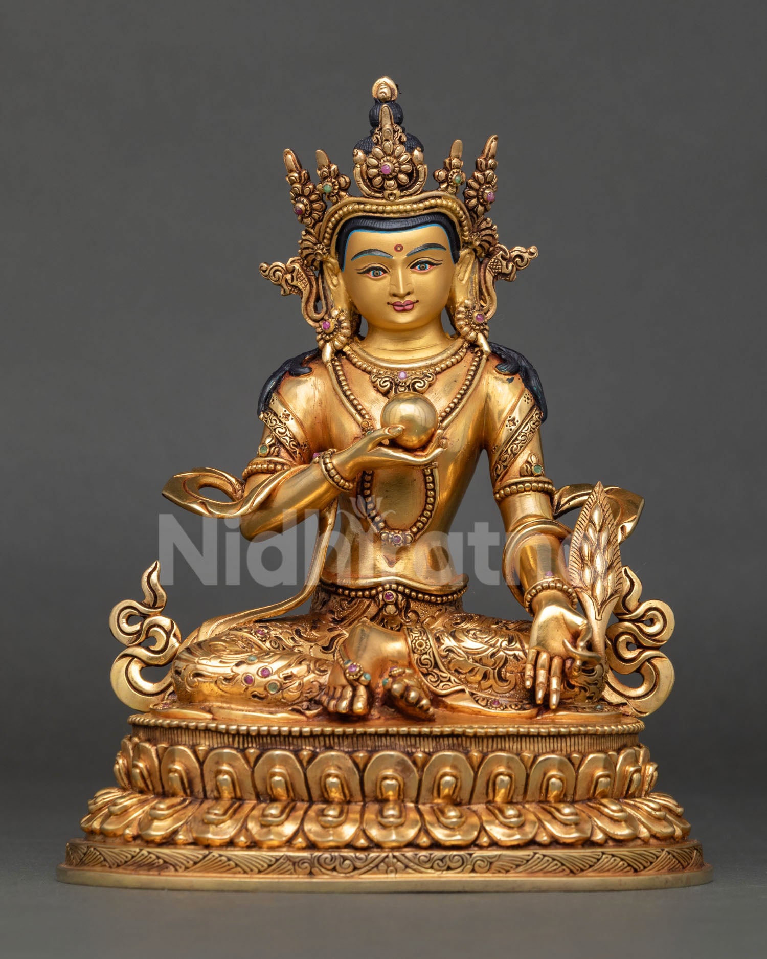 Jizo Ksitigarbha Statue handcrafted in Nepal, fire-gilded copper bodhisattva on lotus pedestal