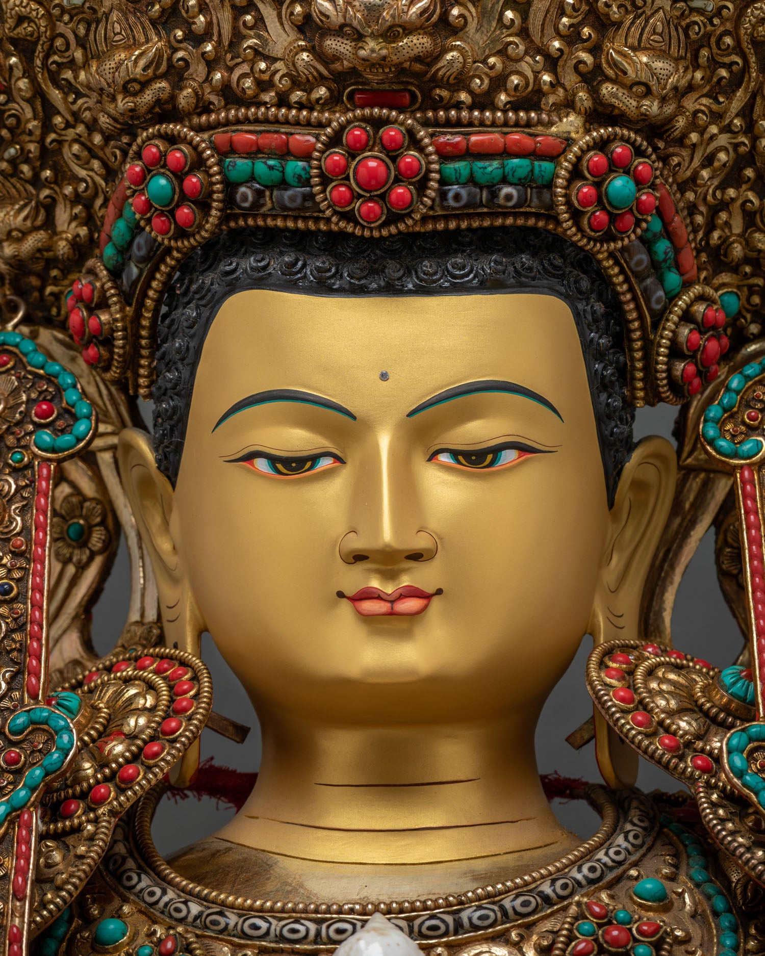 Jowo Rinpoche Buddha Statue, 24K Gold Painted Face with Elaborate Five-Buddha Crown