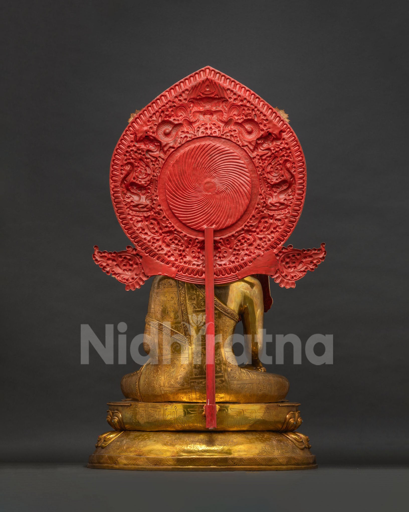 Jowo Rinpoche Statue Back View, Lotus Throne Base with Uchen Script Engraving