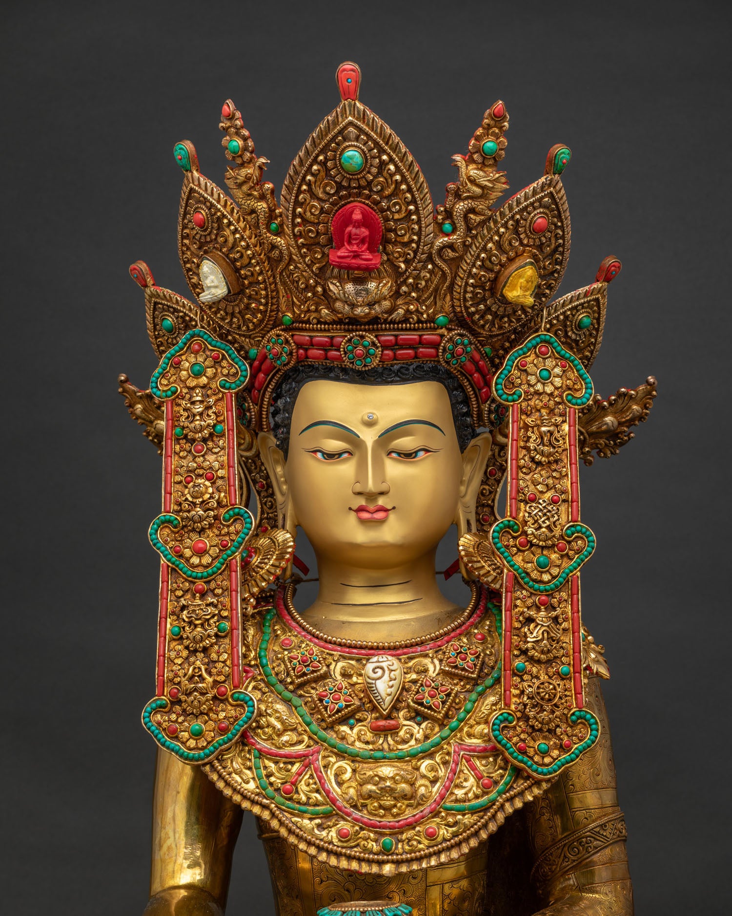 Jowo Rinpoche Statue Close Up, Gold Gilded Copper Buddha with Jeweled Crown