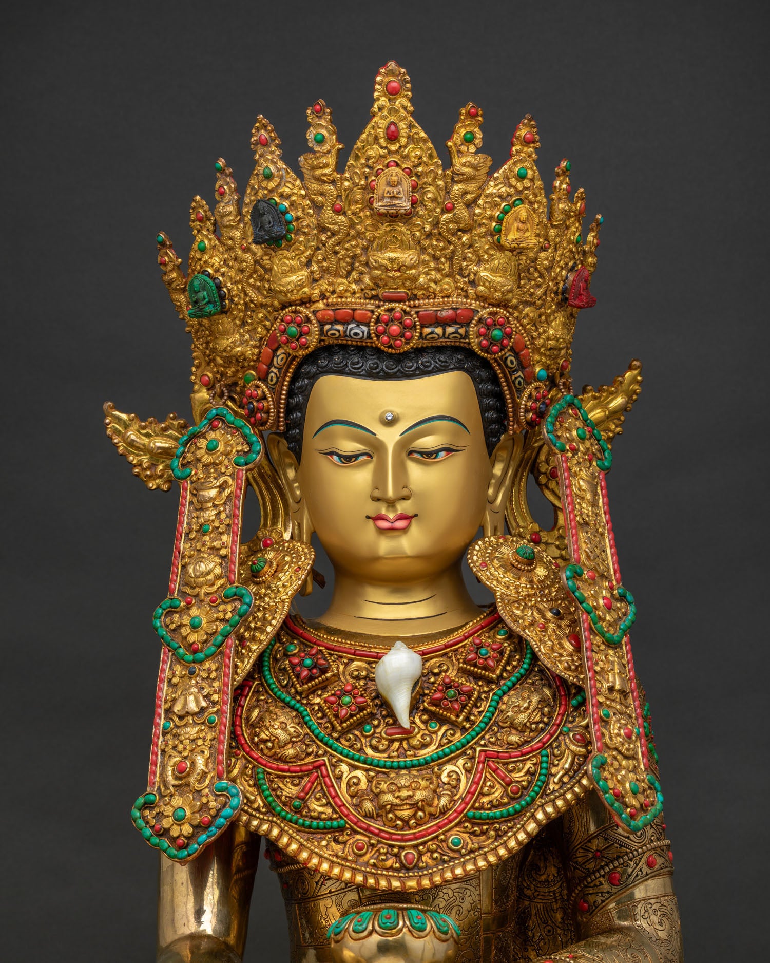 Jowo Rinpoche Statue Close Up Gold Gilded Face with Five Buddha Crown