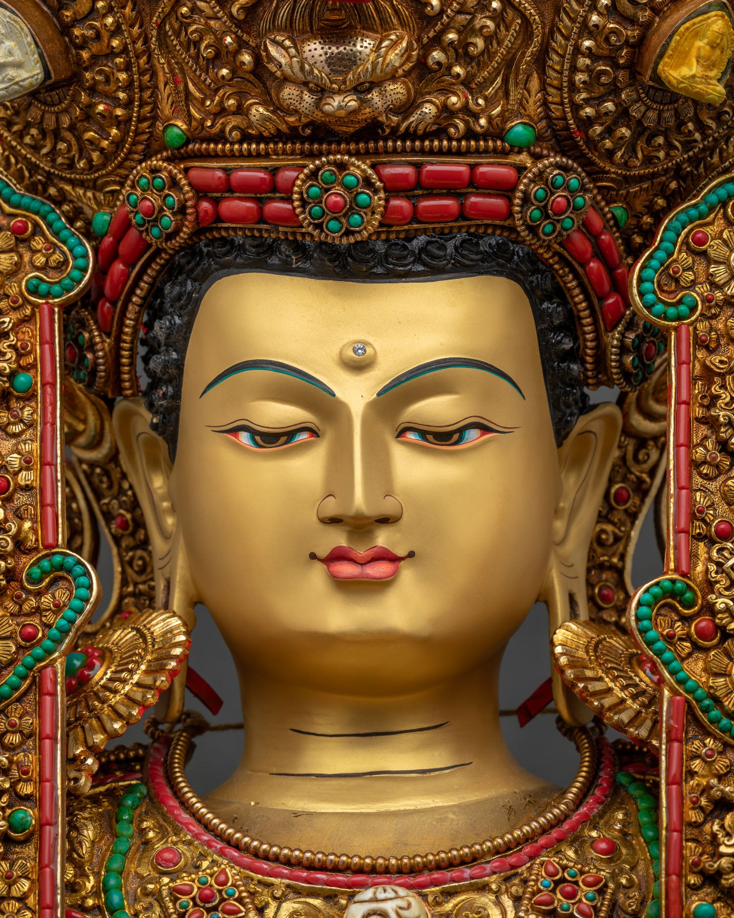 Jowo Rinpoche Statue Face Close Up, Serene Golden Face with Jeweled Crown Detail