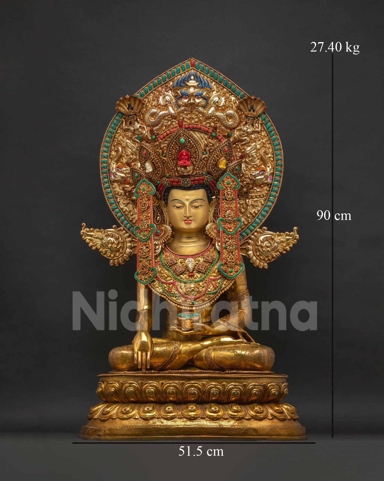 Jowo Rinpoche Statue Front View, 24K Gold Fire Gilded Copper Buddha Figurine
