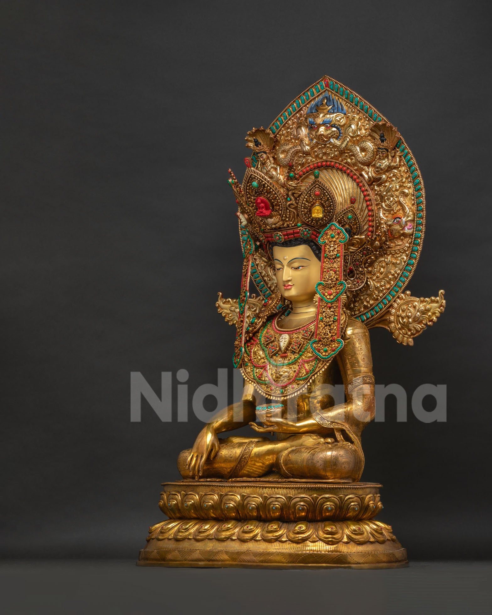 Jowo Rinpoche Statue Left Side View, Turquoise and Coral Inlaid Copper Buddha