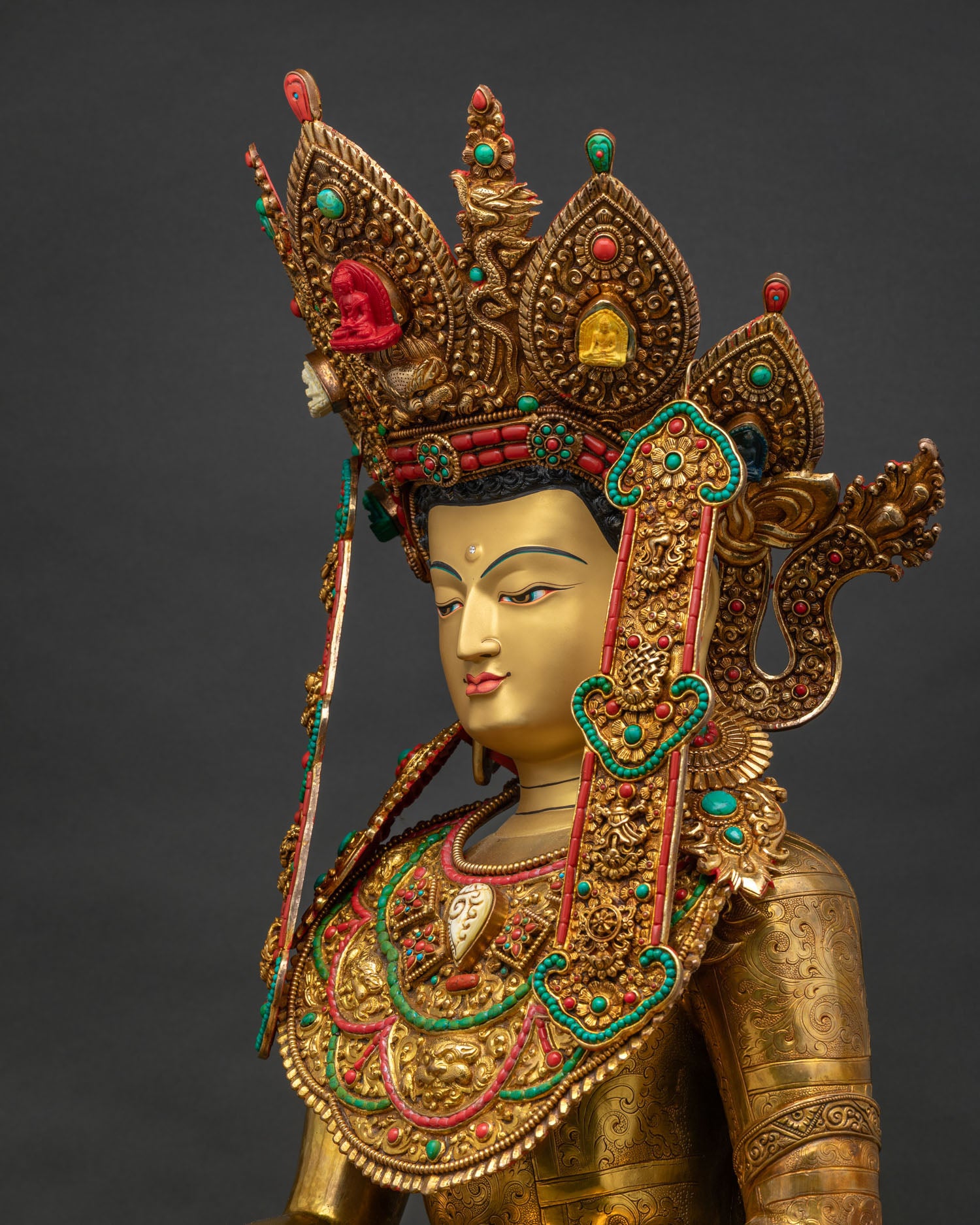 Jowo Rinpoche Statue Side Close Up, Hand-Chased Repoussé Robe Detail