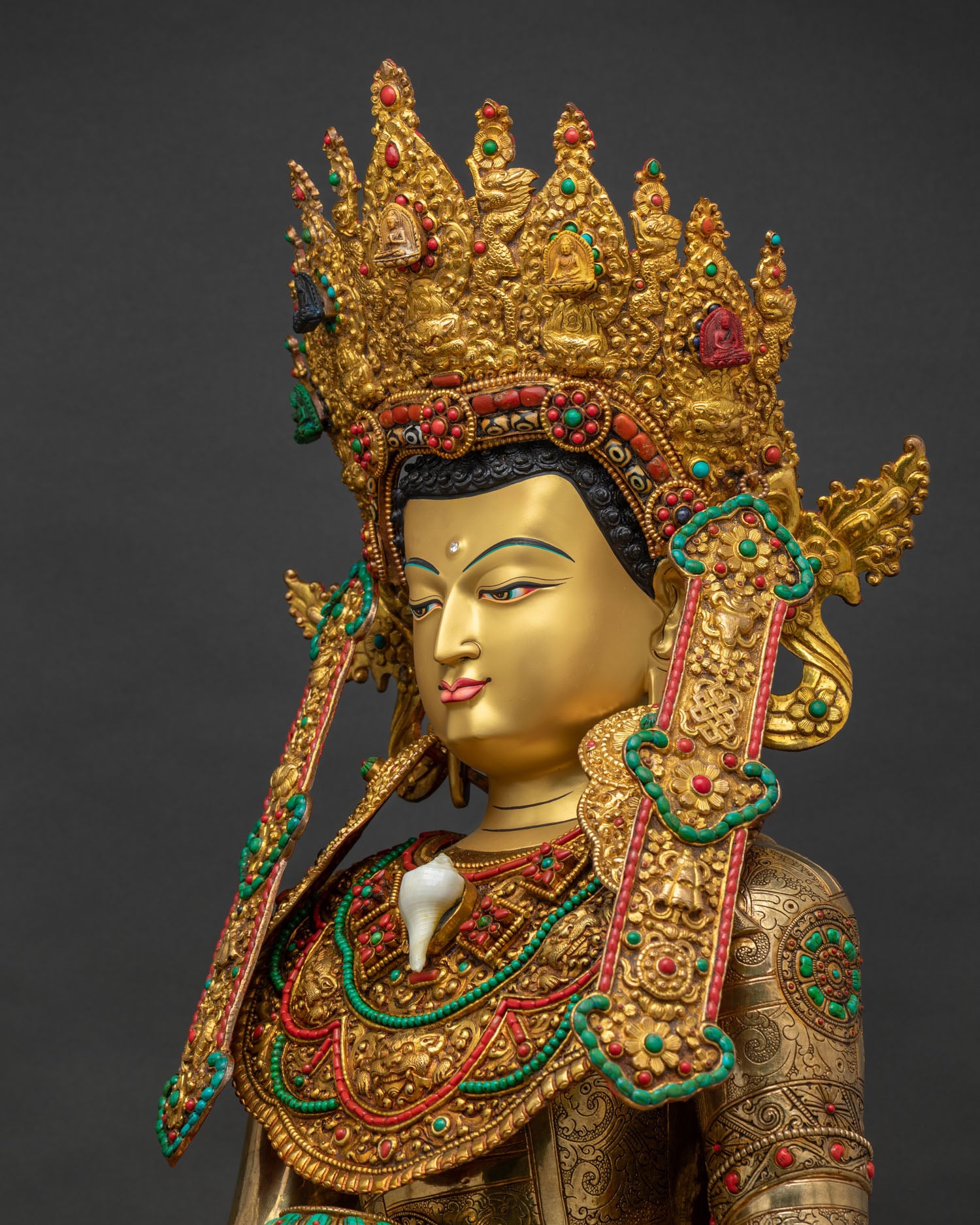 Jowo Rinpoche Statue Side Detail Carved Semi Precious Gemstone Inlay Work