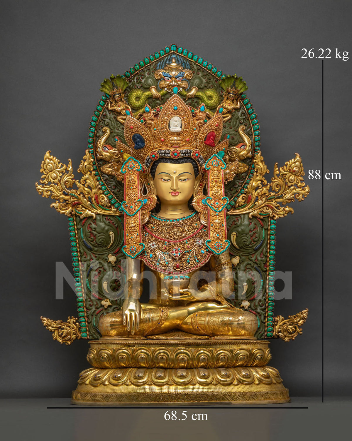 Jowo Shakyamuni Rinpoche statue front view, gold gilded Tibetan Buddha with turquoise inlay