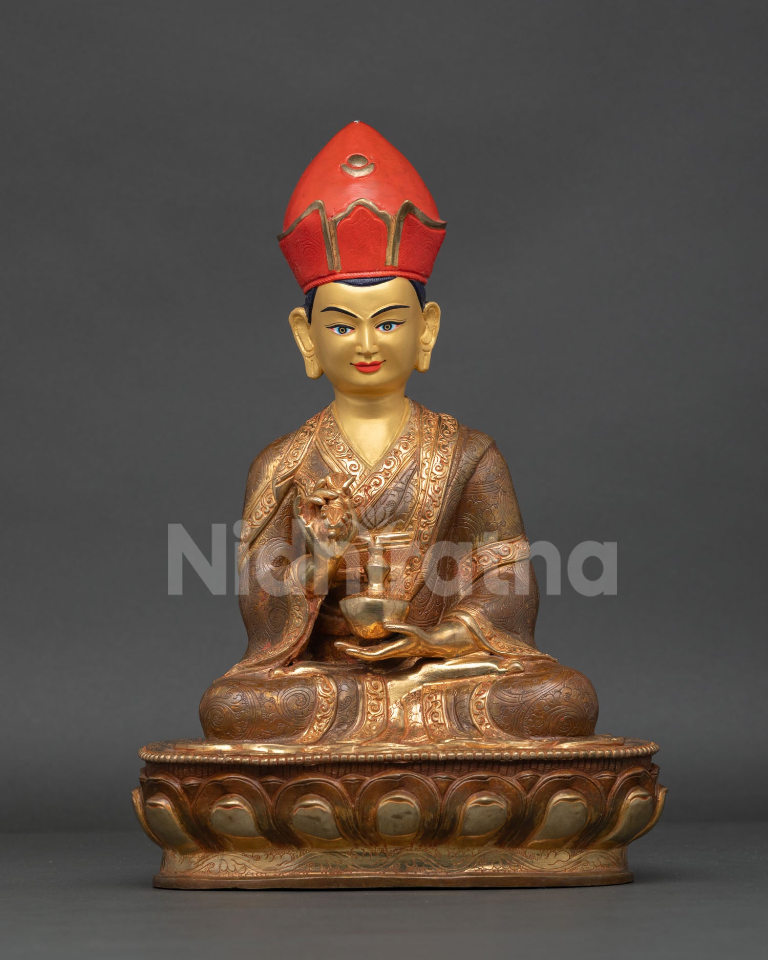Karmapa Statue, handcrafted in Nepal with gold painted face and oxidized copper finish