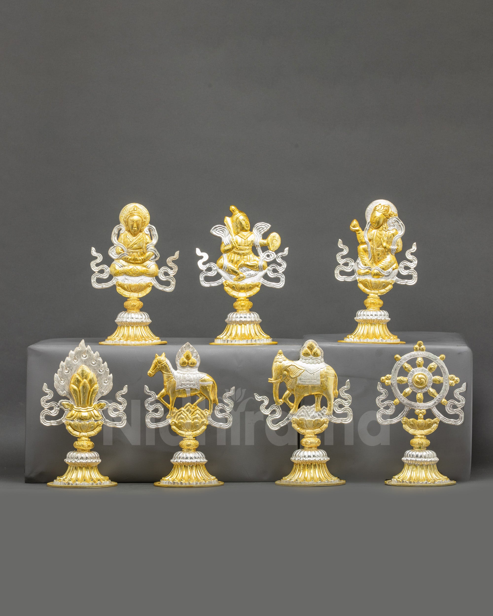 King Chakravartin Symbols Set handcrafted copper gold gilded silver plated Nepal