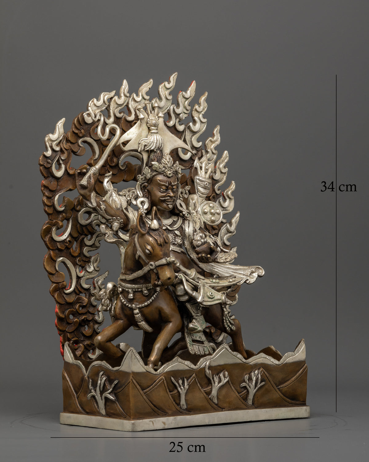 King Gesar Horseback Statue with Sword and Mountain Motif Base.