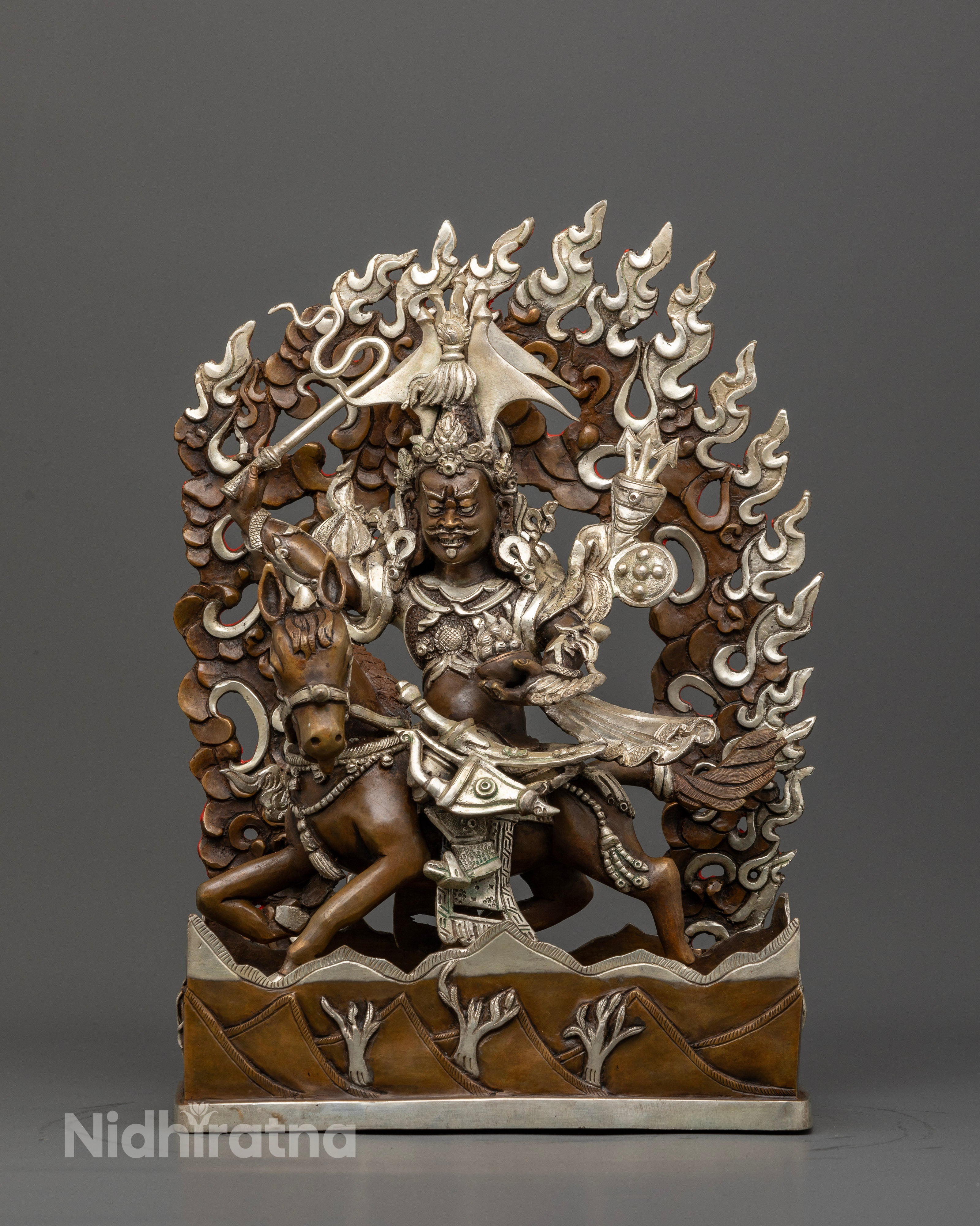 King Gesar Statue on Horse with Raised Sword and Victory Banner.