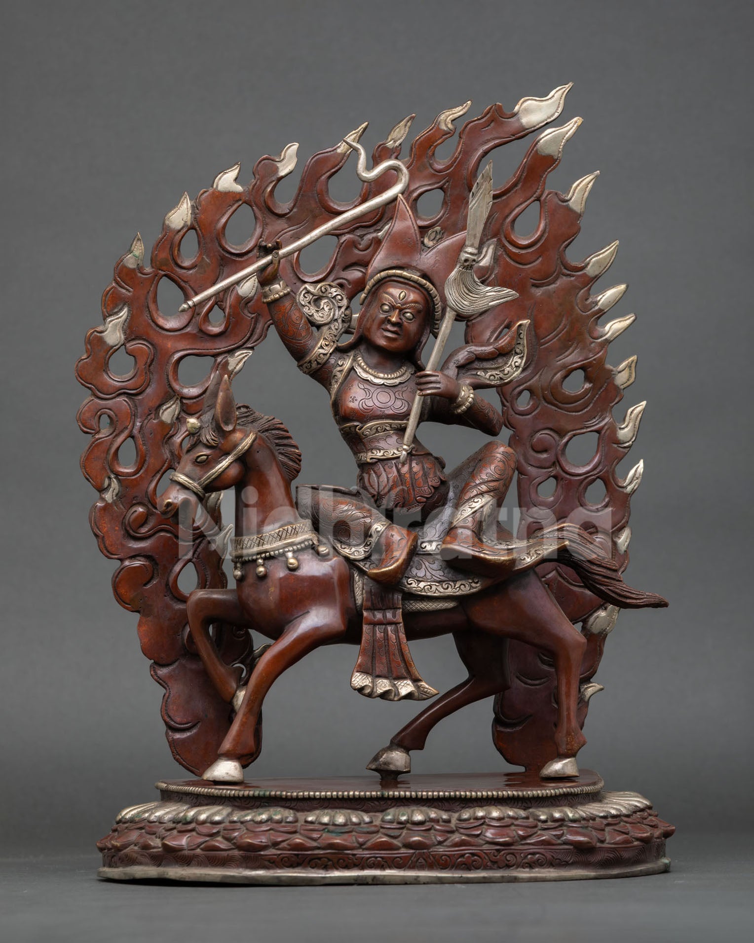 king gesar statue on horseback, oxidized copper and silver plated buddhist sculpture