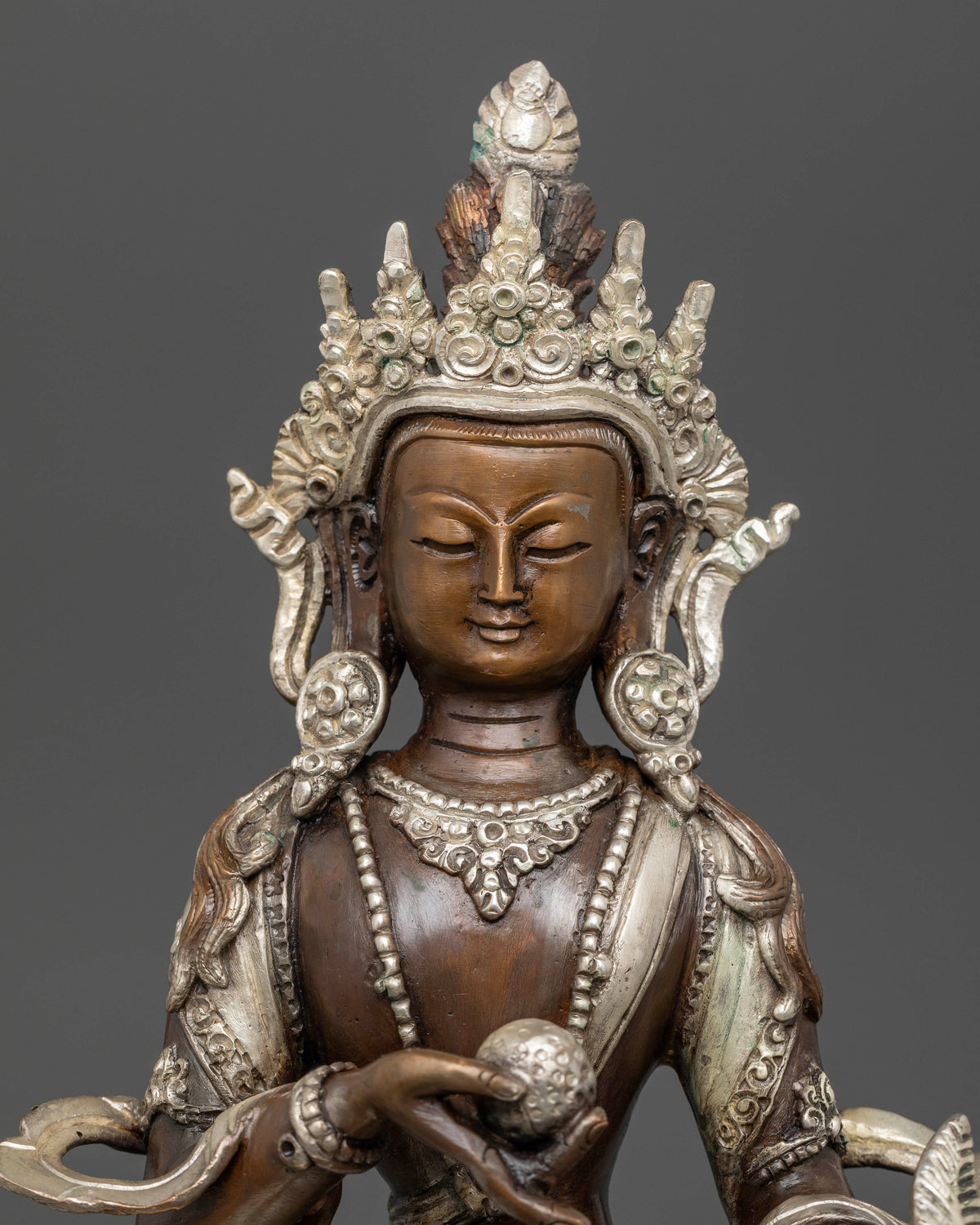 Kshitigarbha Buddhist statue with oxidized and silver plated finish