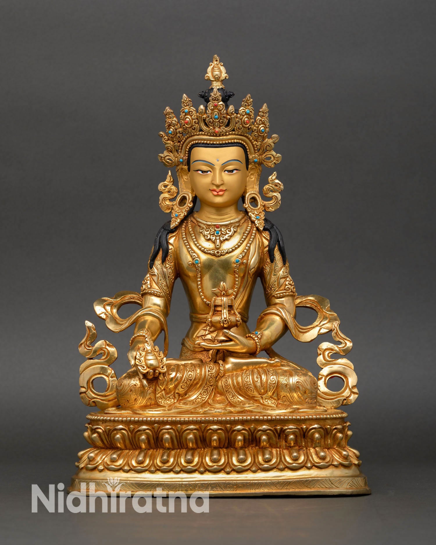Kshitigarbha statue front view 24k gold gilded copper Buddhist sculpture Nepal handmade lotus throne Cintamani jewel altar decor