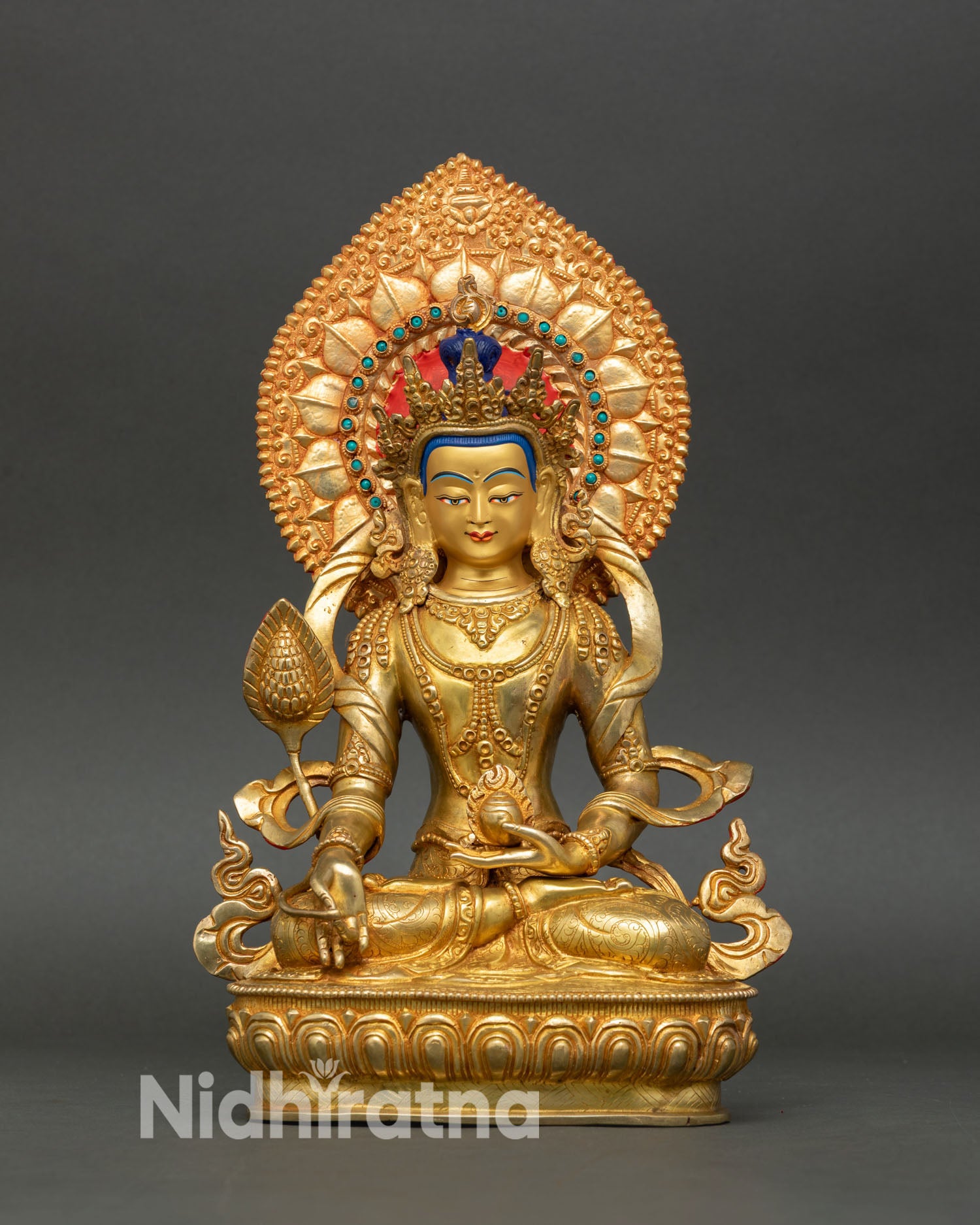 Kshitigarbha statue front view gold fire gilded copper Buddhist sculpture Nepal handmade vajra posture lotus pedestal altar decor