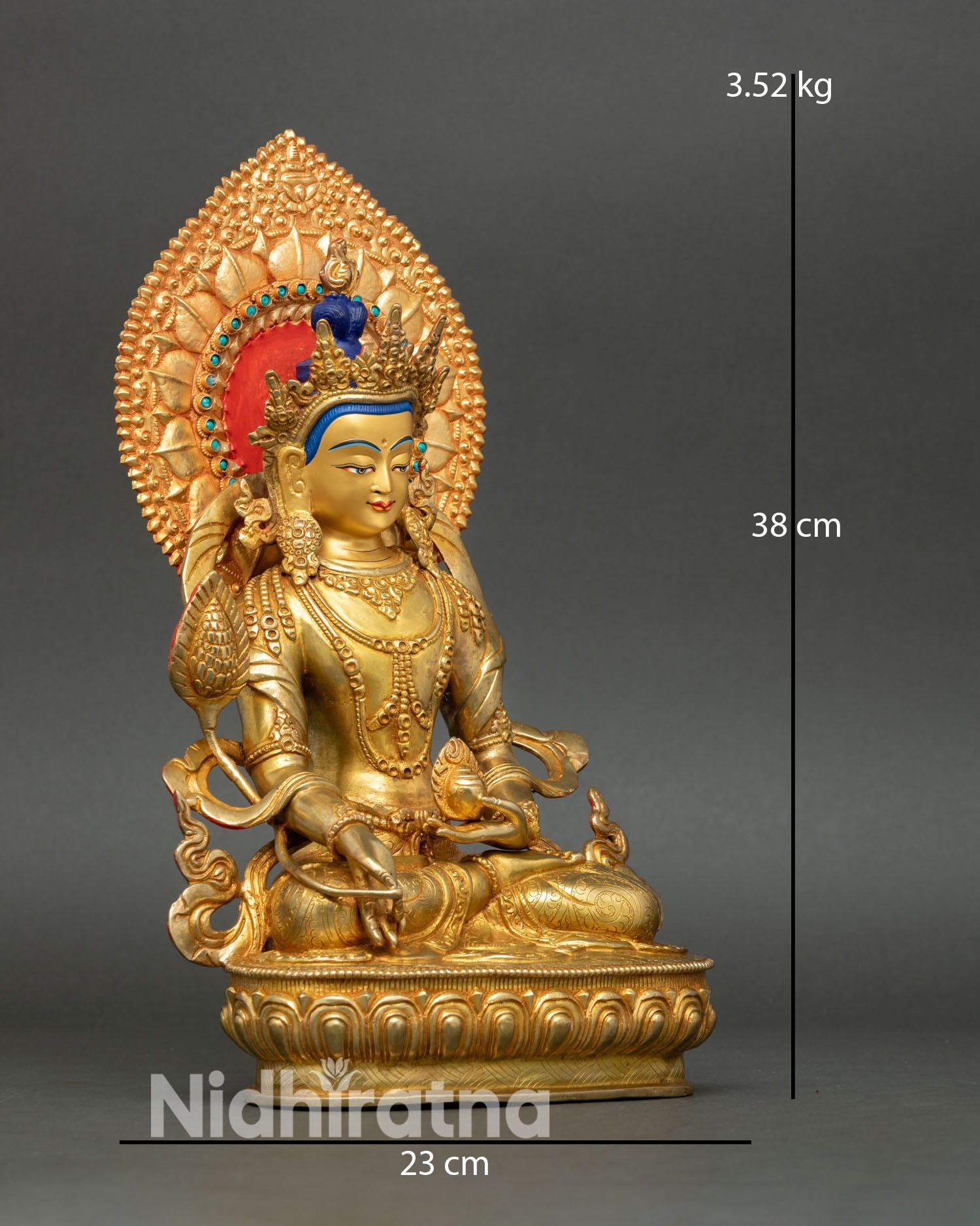 Kshitigarbha statue side view lost wax casting Himalayan Buddhist sculpture ornate halo spiritual altar decor handcrafted Nepal
