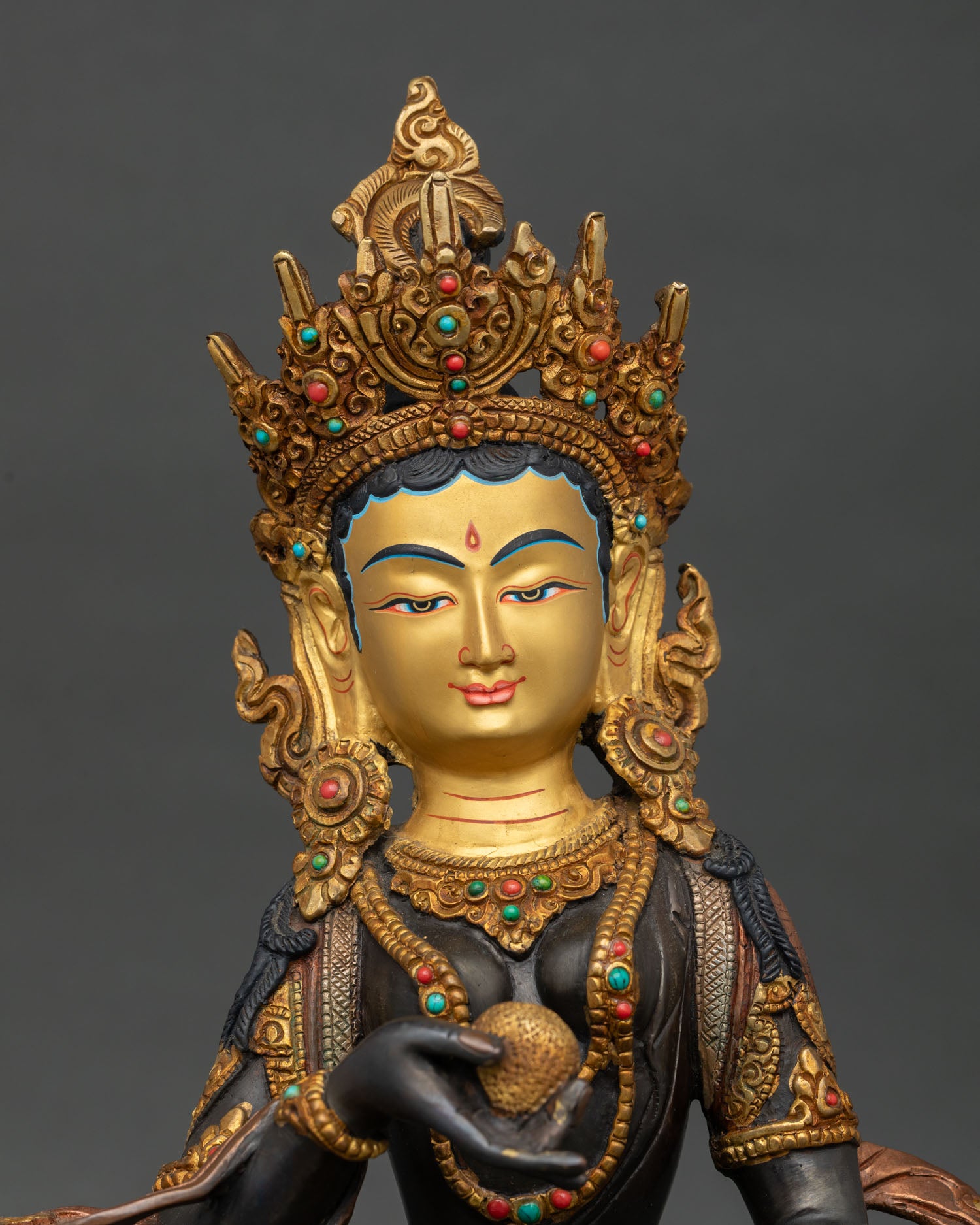 Kshitigarbha Statue with Gold Painted Face and Semi Precious Stones