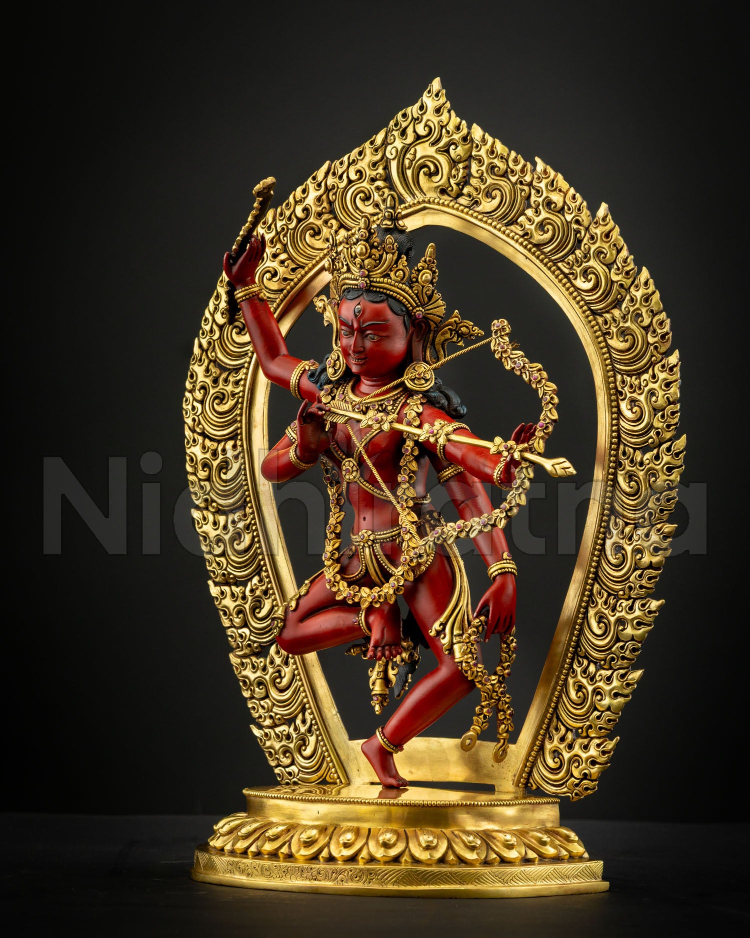 Kurukulla Buddhist goddess statue dancing posture flaming halo sacred tantric dakini sculpture for altar and meditation space spiritual decor