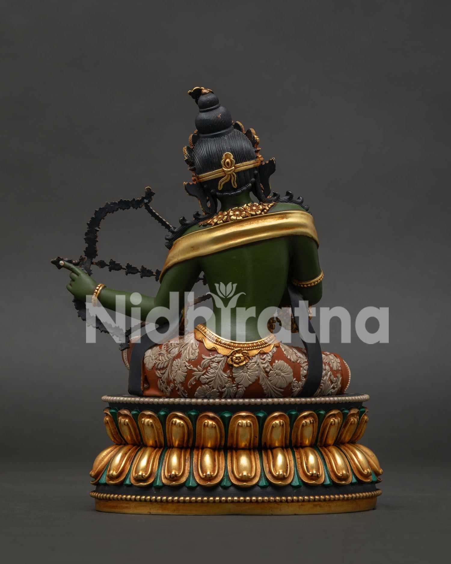 Kurukulla statue back view – hand-carved gold-gilded copper Buddhist sculpture