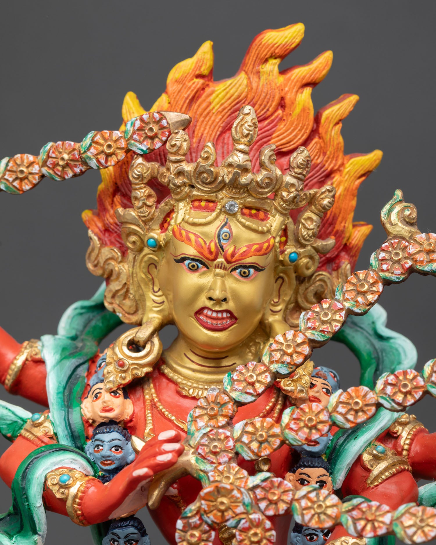 kurukulla statue close up view copper details gold gilded buddhist goddess nepal sculpture