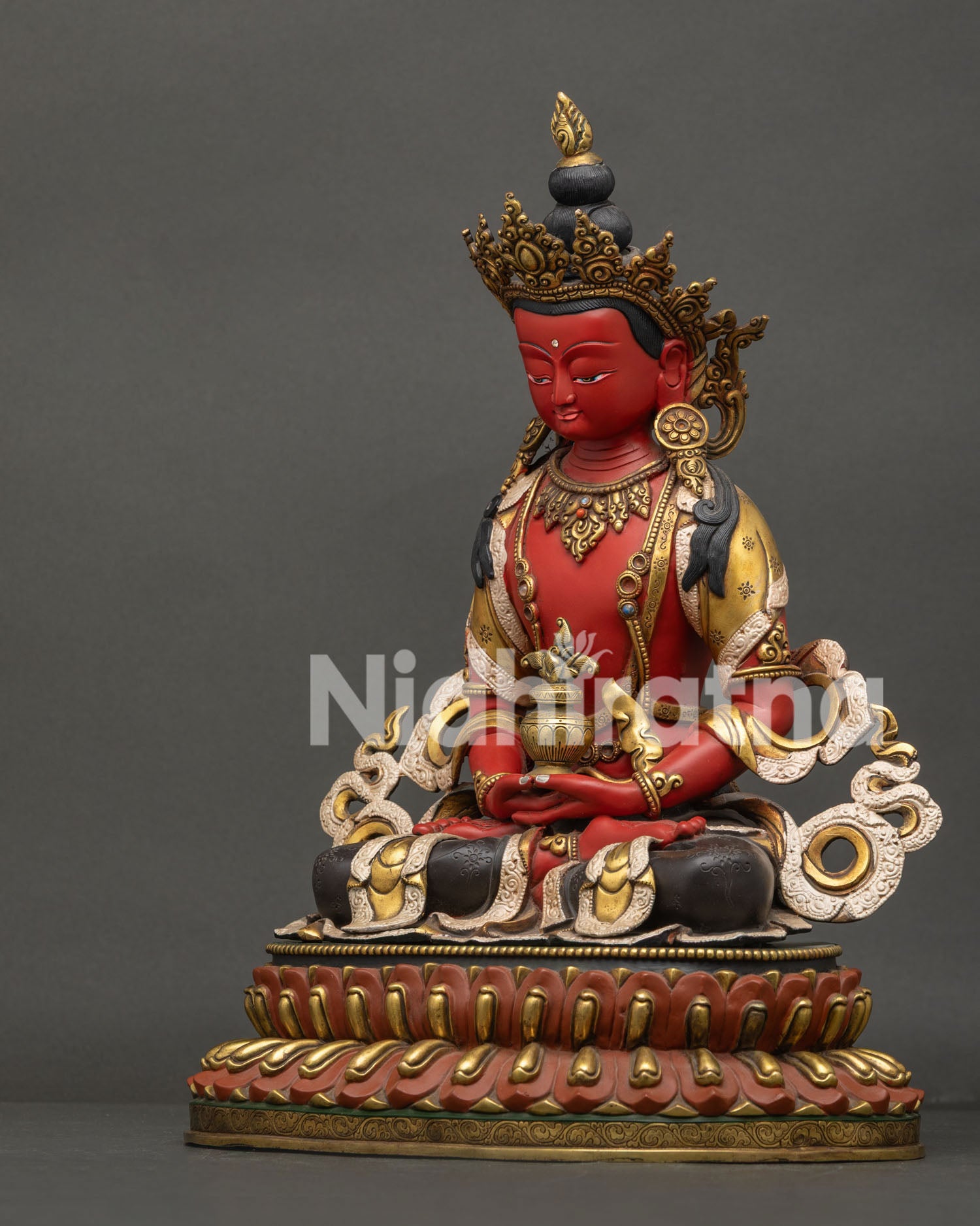 Large Amitayus Buddha Statue left side angle with gold gilding silver plating and lotus throne