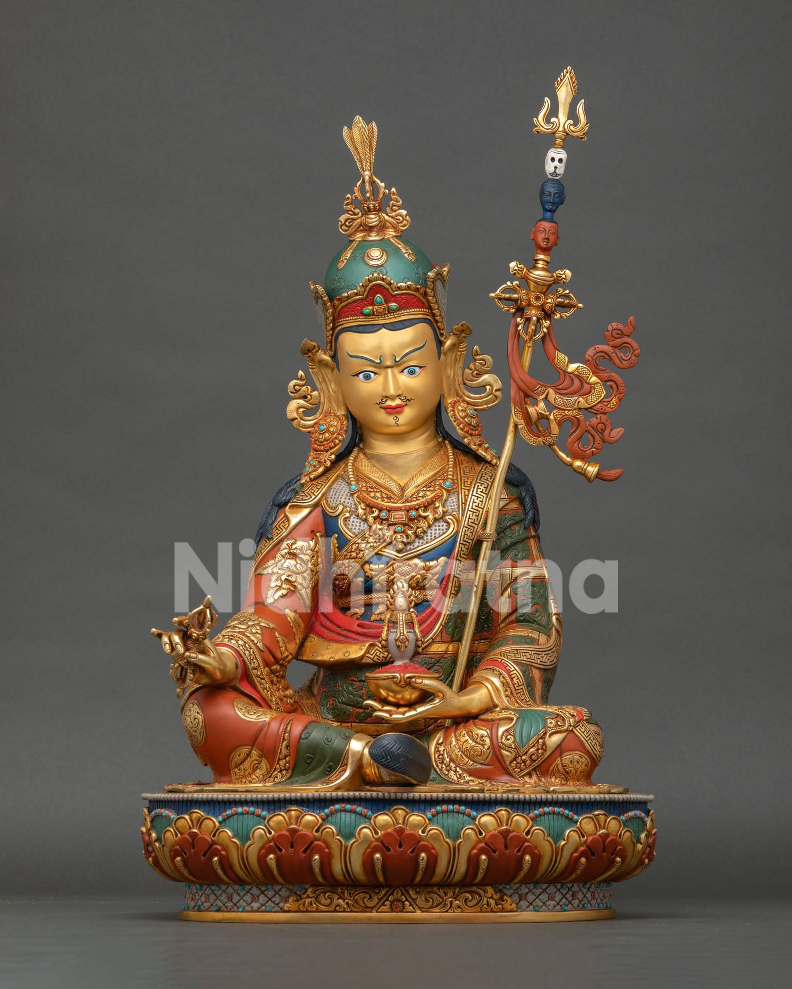 Large Guru Rinpoche Statue handcrafted in Nepal with gold gilding and vibrant acrylic colors