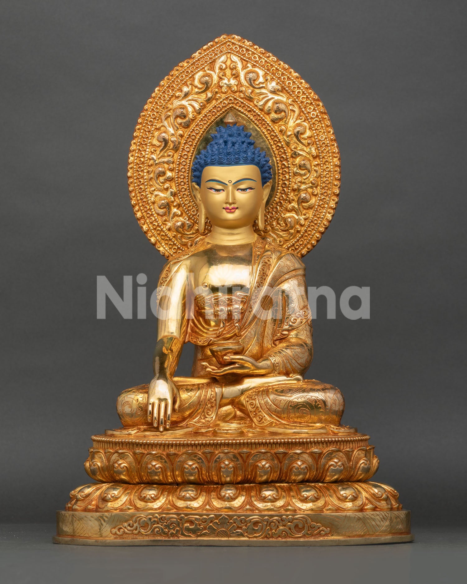 Large Shakyamuni Buddha Statue, front view – gold fire-gilded copper sculpture from Nepal