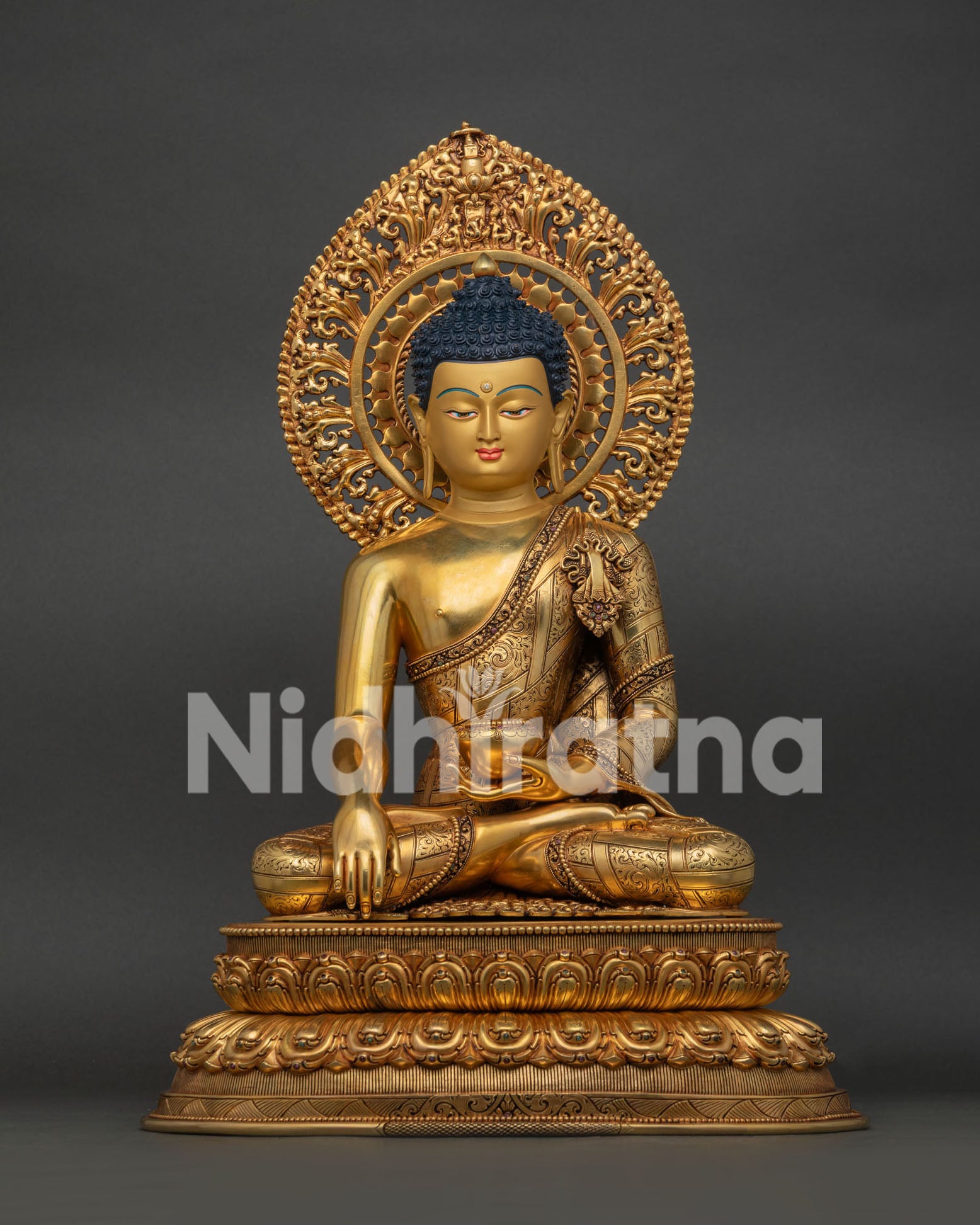 Front View of Large Shakyamuni Buddha Statue with 24K Gold Fire-Gilding from Nepal