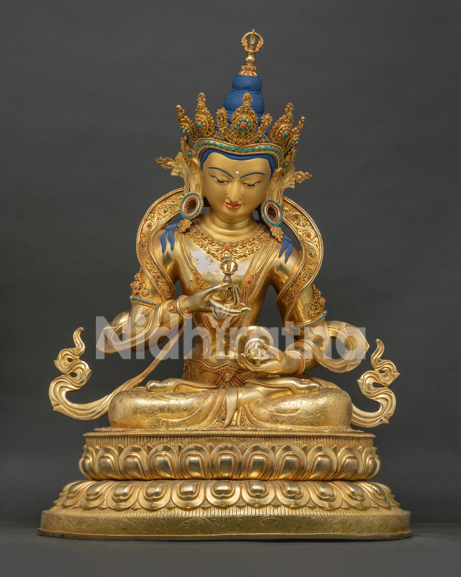 Large Vajrasattva Statue front view gold-fire-gilded copper Tibetan purification deity Nepal