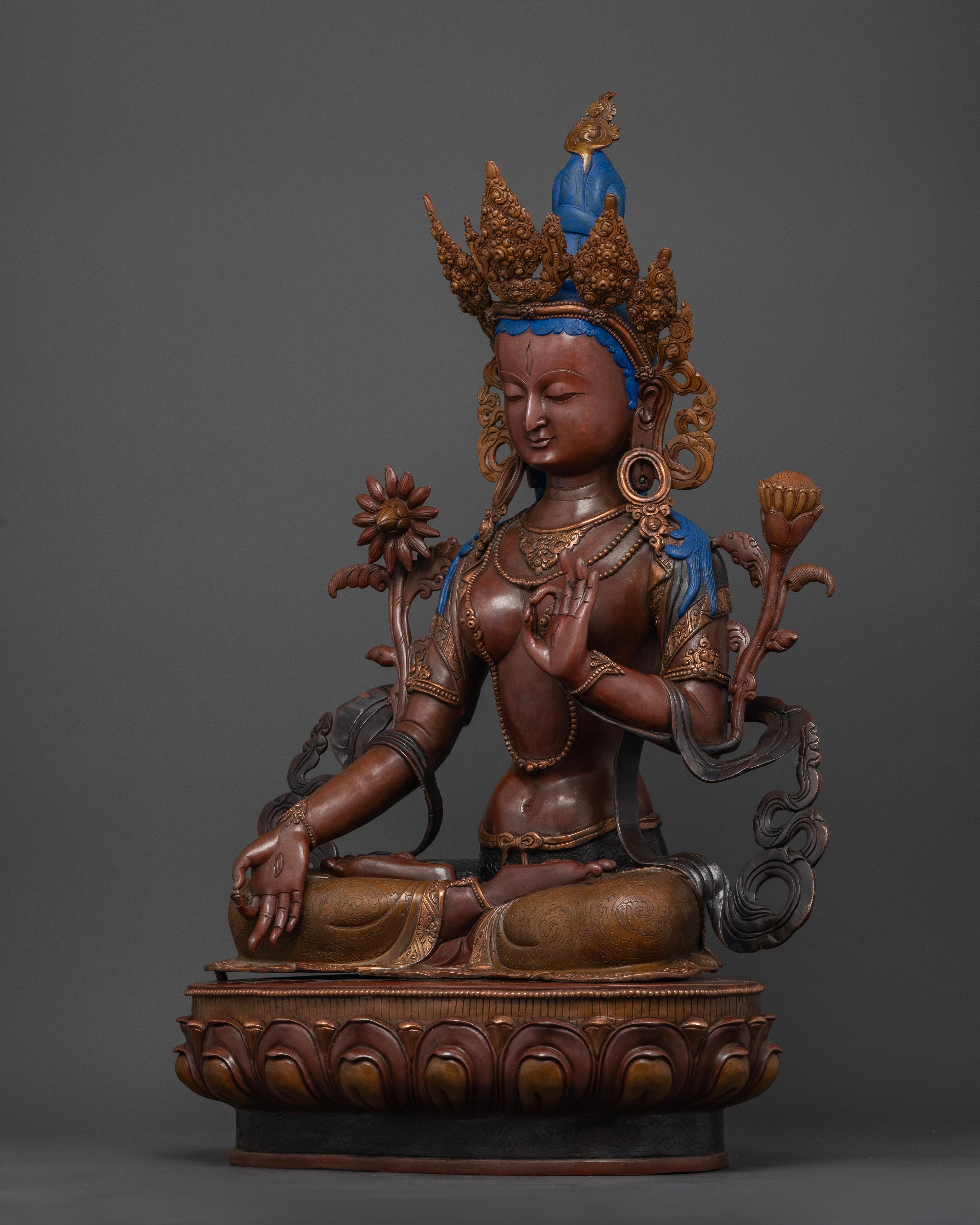 Large White Tara Statue with Oxidized Copper Finish, Handcrafted in Nepal