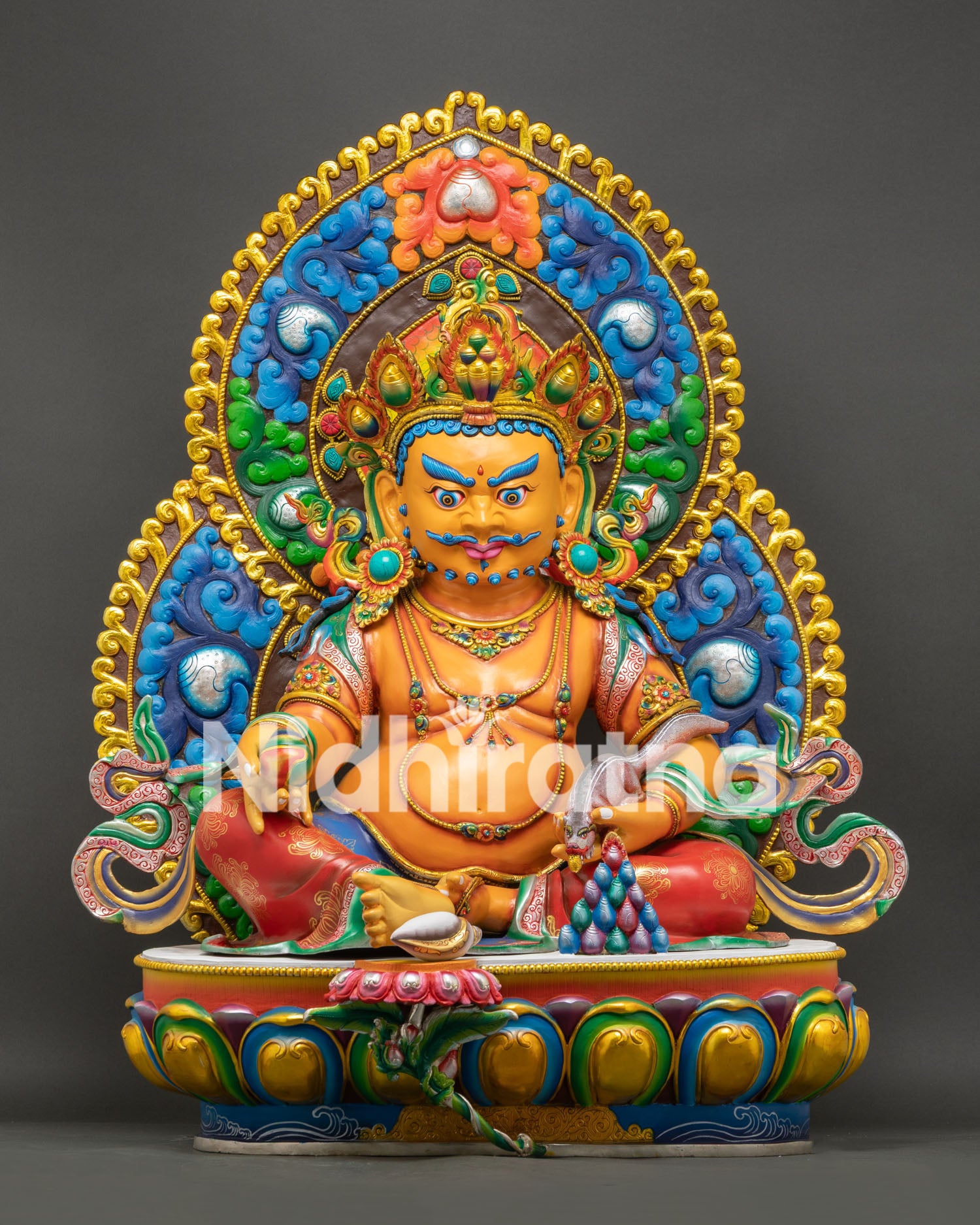 Large Yellow Dzambhala Statue Handmade in Nepal with Gold Gilding on Lotus Throne Front View